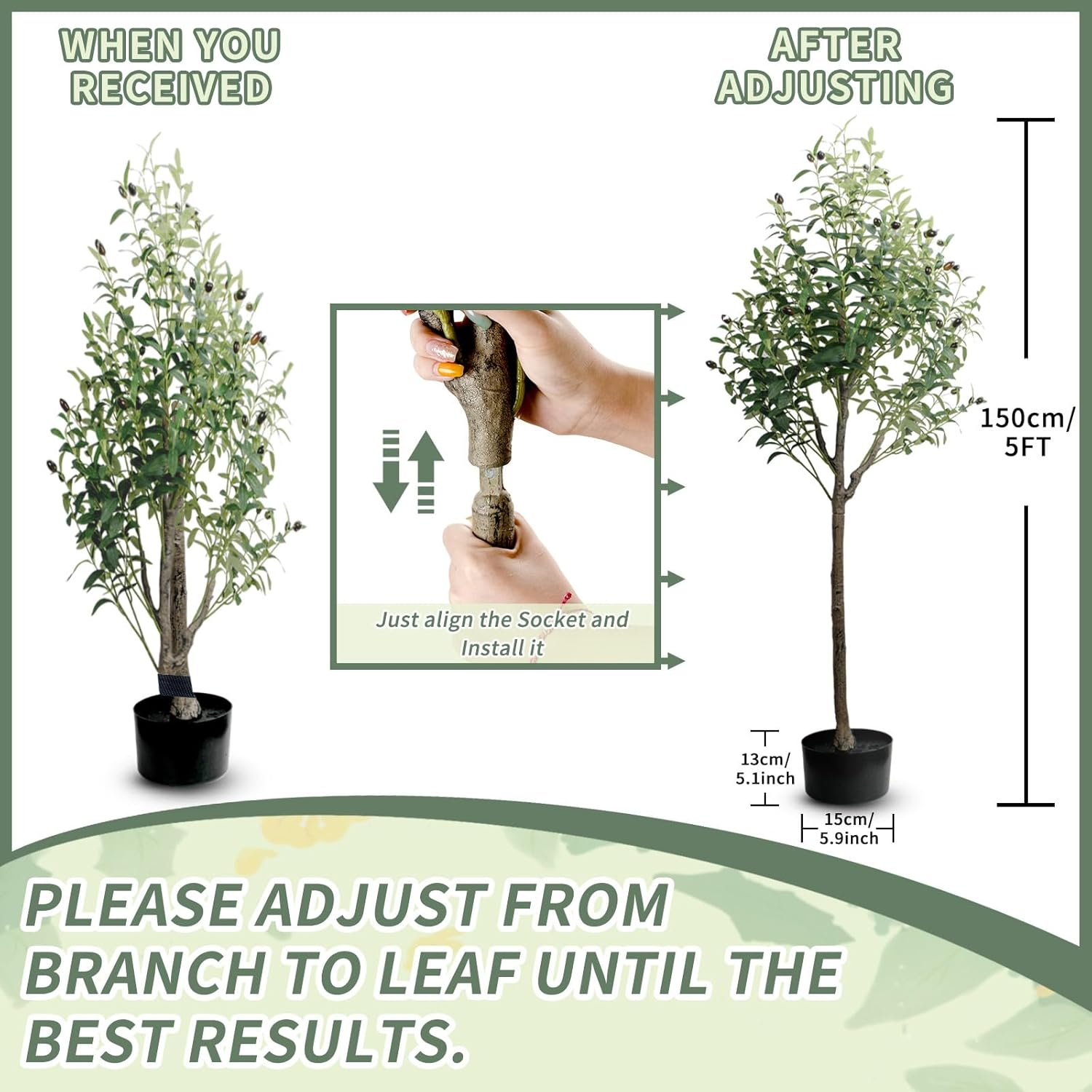 Artificial Olive Tree 5Ft/150Cm Tall Faux Silk Plant Large Fake Olive Potted Tree with Natural Wood Trunk and Lifelike Fruit for Home Office Decor Indoor with Plastic Planter - Artificial Olive Tree-5Ft/150Cm image number 4