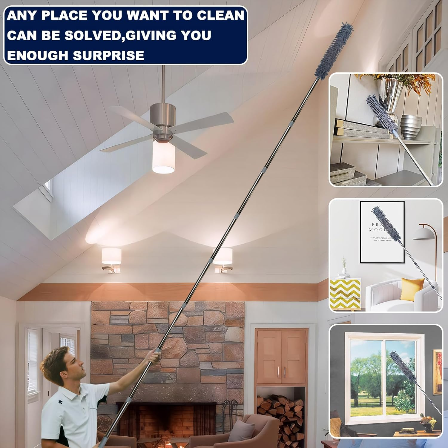 DIMBRAH Extendable Microfiber Duster Set with 4.3Meter Extension Pole, 3 Interchangeable Heads, High Ceiling Cobweb Cleaner for Indoor & Outdoor Use, Gray image number 4