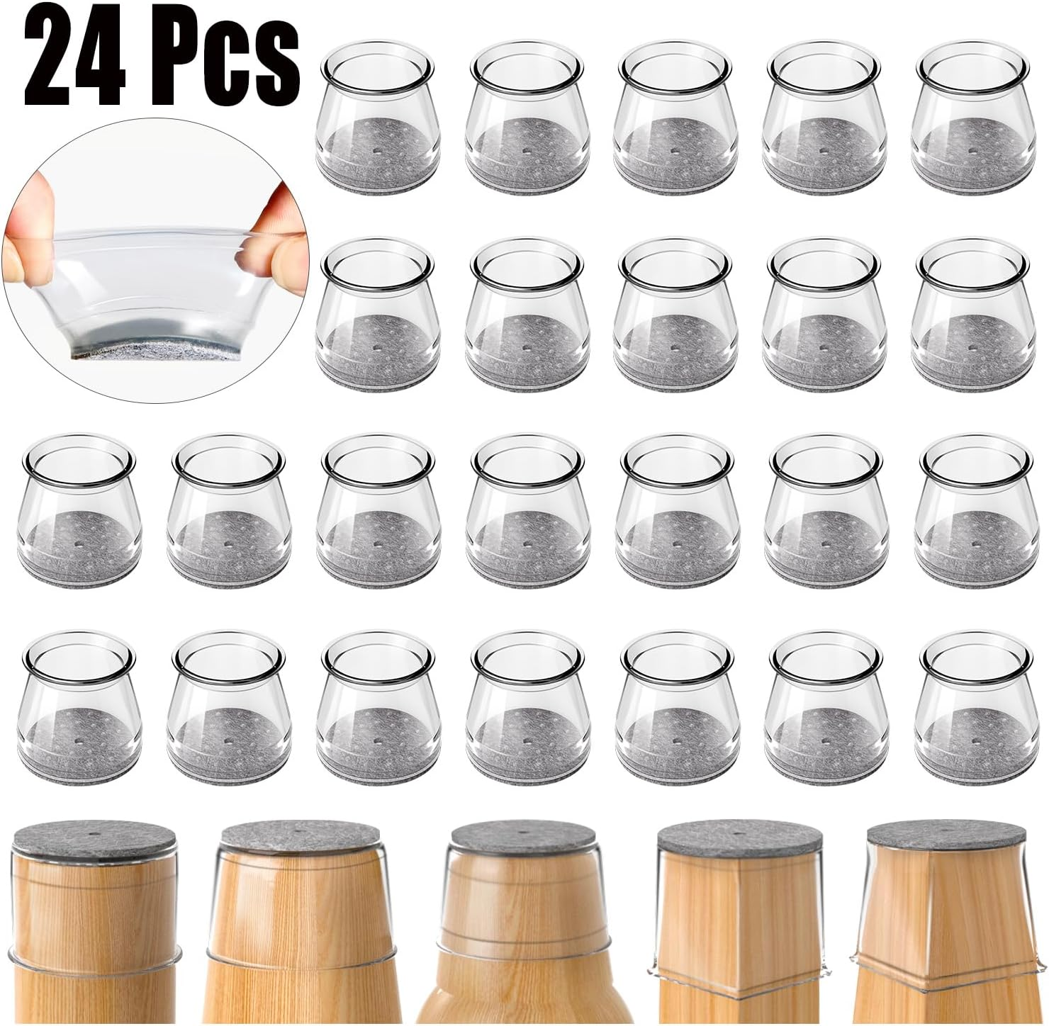 Chair Leg Floor Protectors 24PCS Furniture Sliders for Hardwood Floors, Silicone Chair Leg Protectors for Protecting Floors from Scratches and Noise (Small-Clear) image number 1