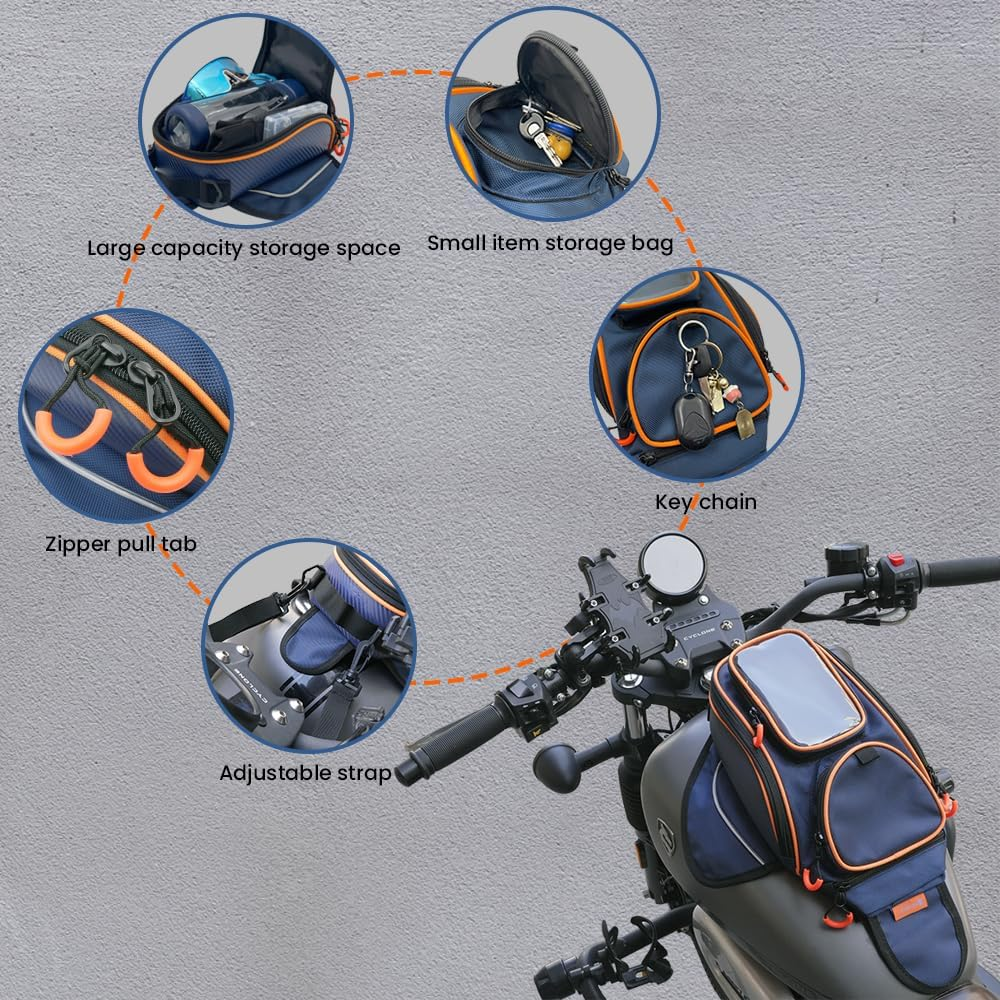 Reygeak Motorcycle Tank Bag，Waterproof, with Super Magnetic Thickened Magnet Blue Orange 1680D PVC Petrol Tank Bag, Large Window Cell Phone Bag, Suitable for Suzuki Kawasaki Honda Harley Yamaha. image number 1