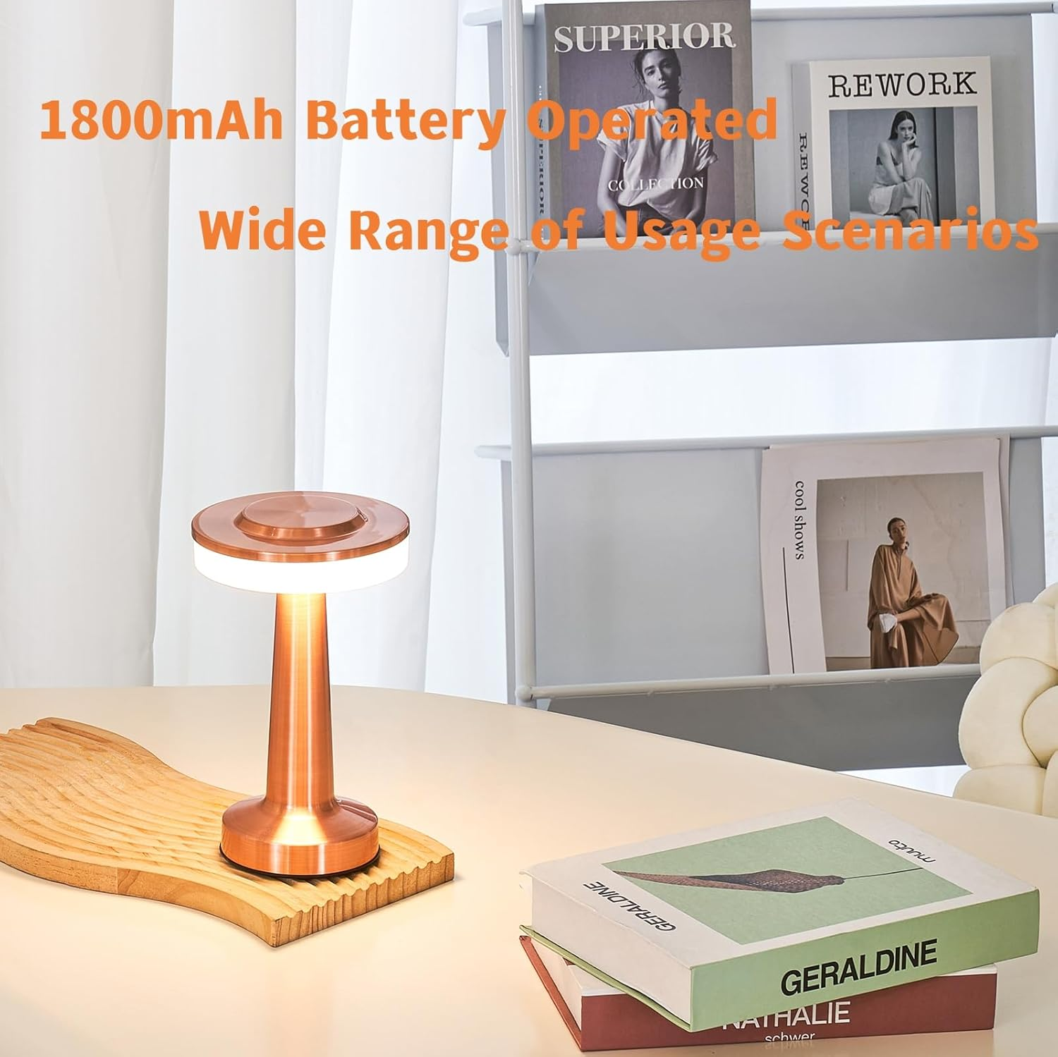 LED Rechargeable Portable Cordless Table Lamp with 3-Levels Brightness,Touch Lamp,Nightstand Lamp,Bedside Lamp for Indoor Outdoor Restaurant Bar Coffee Shop(Gold-Cap), HJ-JS001 image number 3