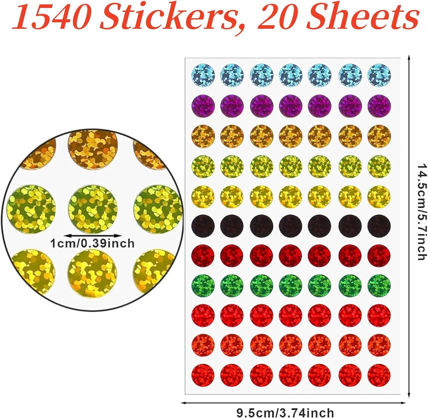 1540 Pcs Dot Stickers,Sparkle Coloured Circle Sticker,10 Mm Sticker Dots,Coloured Shape Stickers(20Sheet, 11 Colors) image number 3