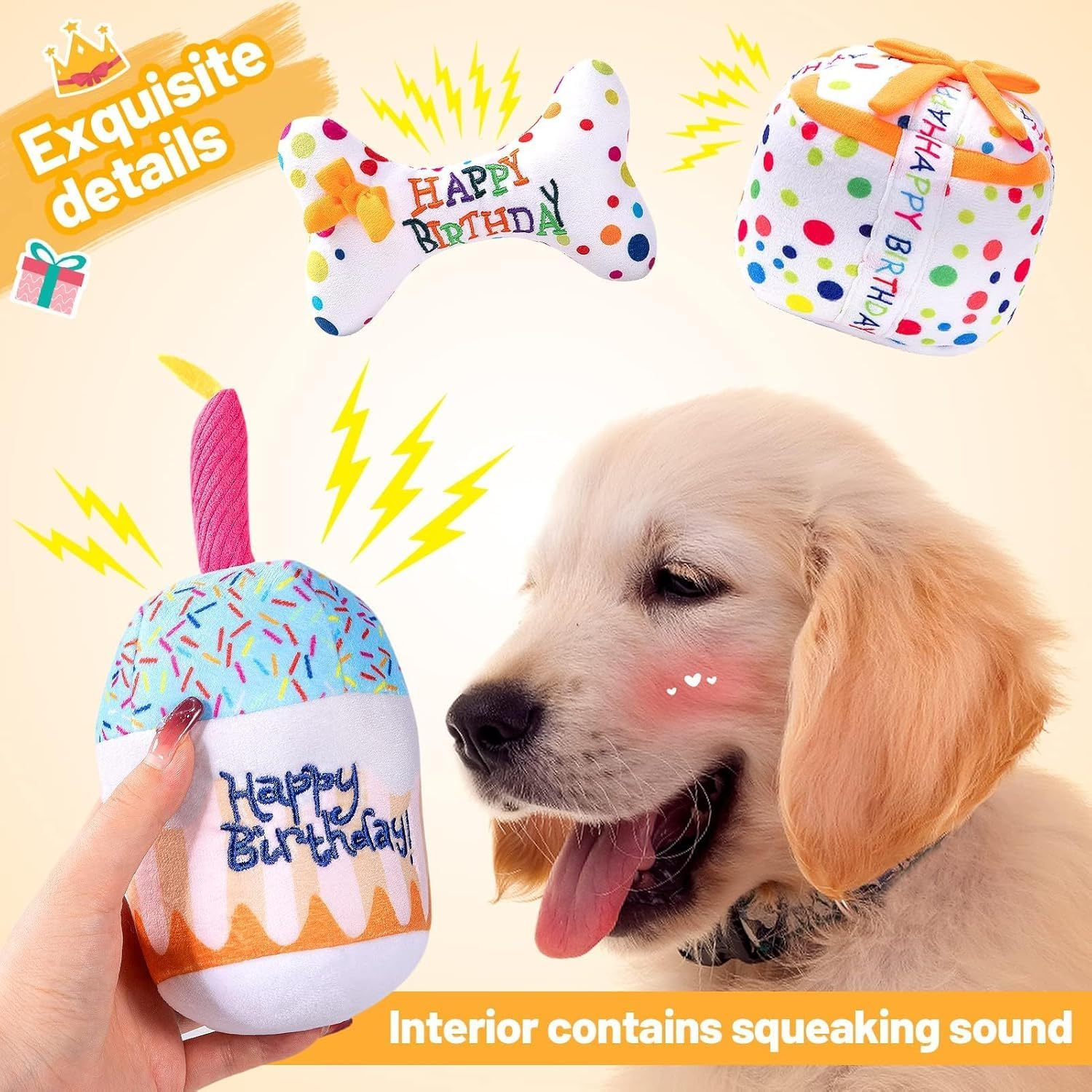 3Pcs Birthday Gifts for Dogs, Dog Squeaky Toys, Plush Pet Birthday Toys Birthday Theme Puppy Toys for Party Gifts image number 2