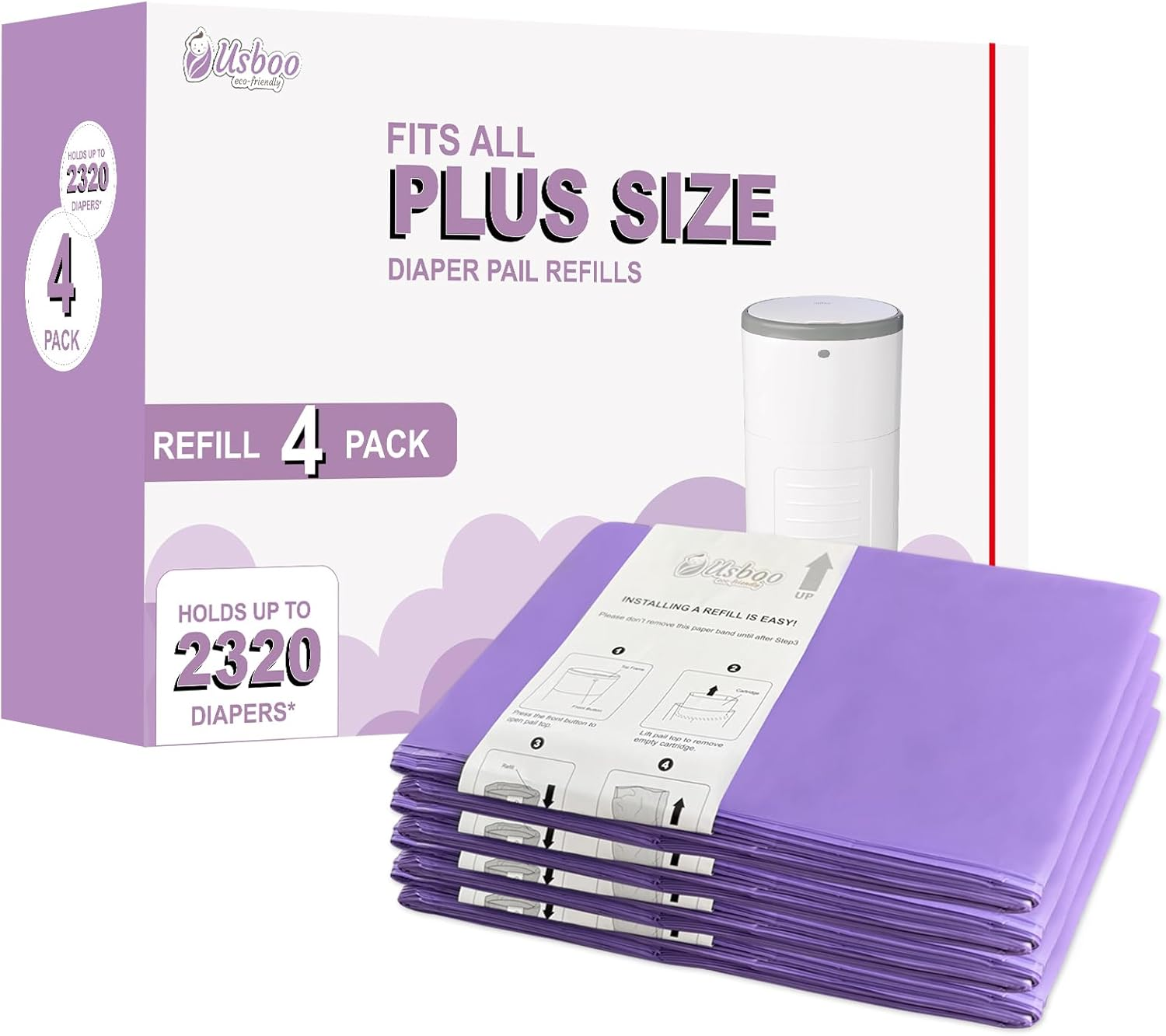Refills Compatible with Dekor plus Diaper Pail,4 Pack Disposable Diaper Pail Refills, Easy to Replace and Dispose Diaper Trash Bags, Holds up to 2320 Diapers,Lavender Scent