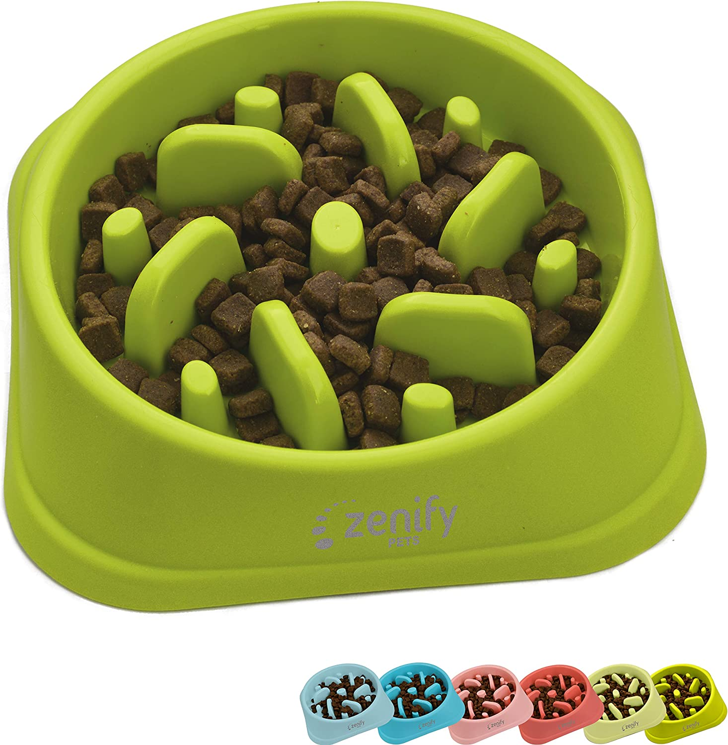 Zenify Dog Bowl Slow Feeder - Large 500Ml Healthy Eating Pet Interactive Feeder with Anti-Skid Non-Slip Base to Reduce Overeating Bloating Vomiting Obesity for Wet Dry Raw Food and Water (Light Green)
