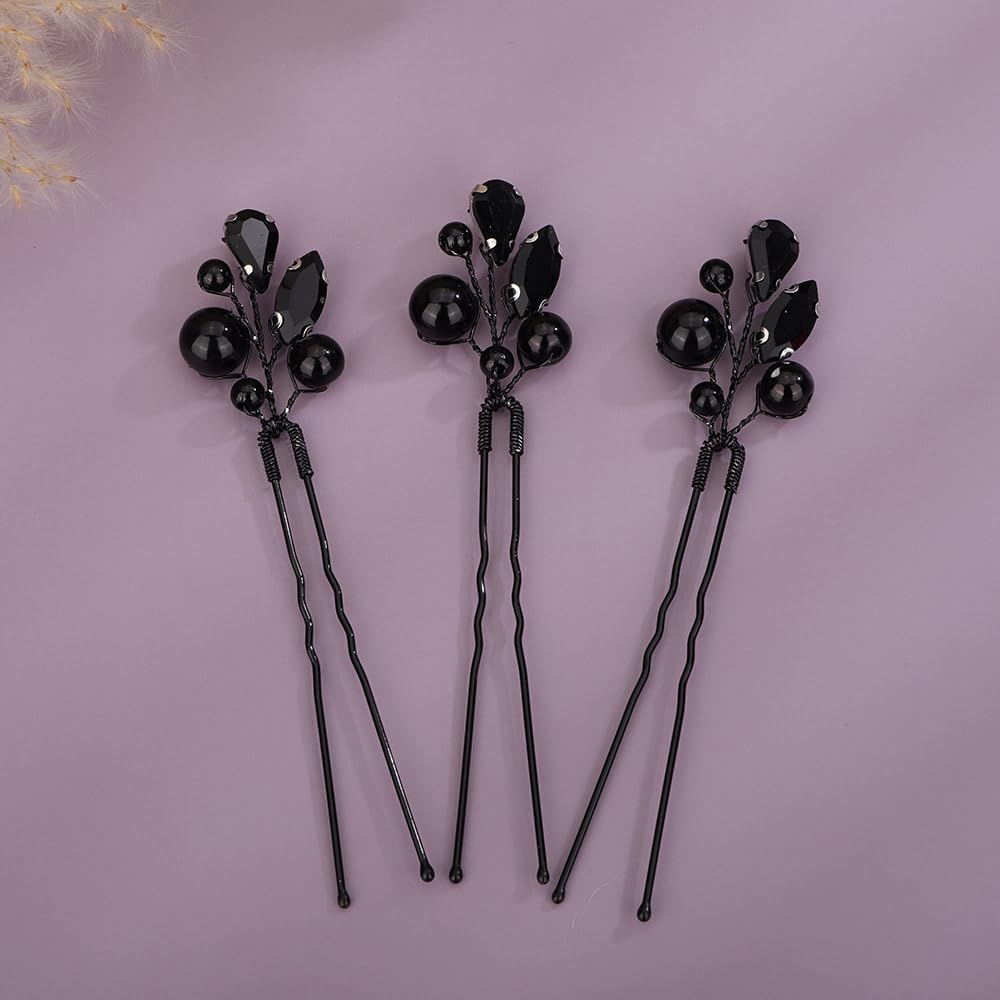 Kercisbeauty 3Pcs Small Cute Black Rhinestones Beads Hair Pins Set for Women Girls Halloween Party Prom Hair Jewelry Wedding Bridal Handmade Hair Piece image number 3