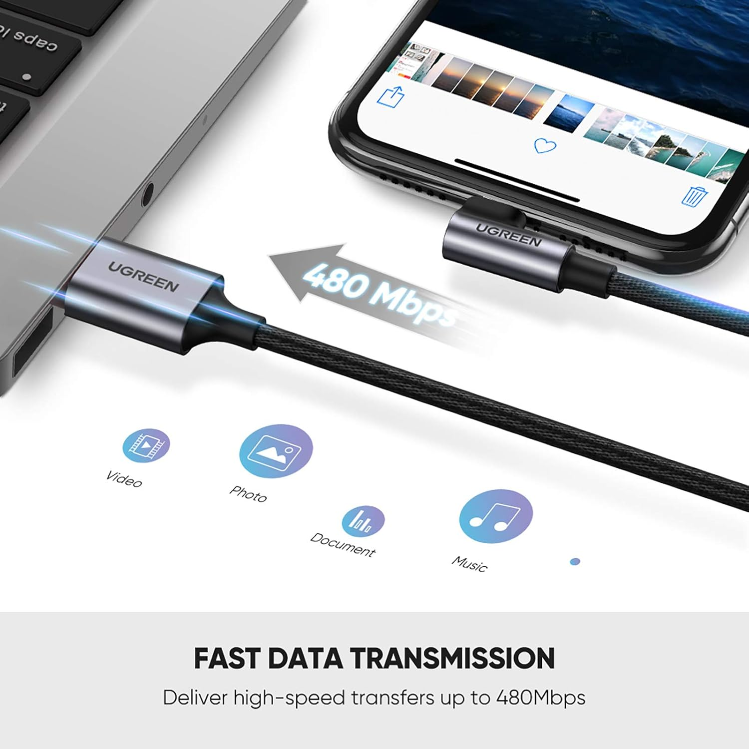 UGREEN USB a to Lightning Cable 90 Degree 1M, Apple Mfi Certified Iphone Charger, Right Angle Nylon Braided Cord, Data Sync for Iphone 14 Pro Max/13/12, Ipad Pro/Air/Mini, Airpods, Black image number 2