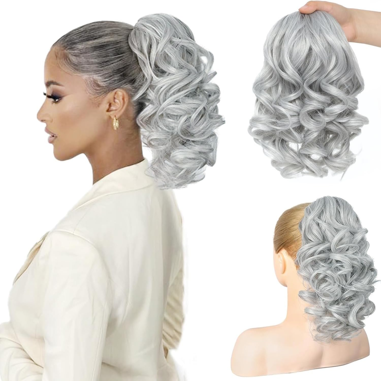 PORSMEER Ponytail Hairpiece with Drawstring, Short Wavy Braid Extension Hair Extensions, Synthetic Wavy Hair Extensions, Clip-In Ponytail, Silver-Grey for Women, 26 Cm