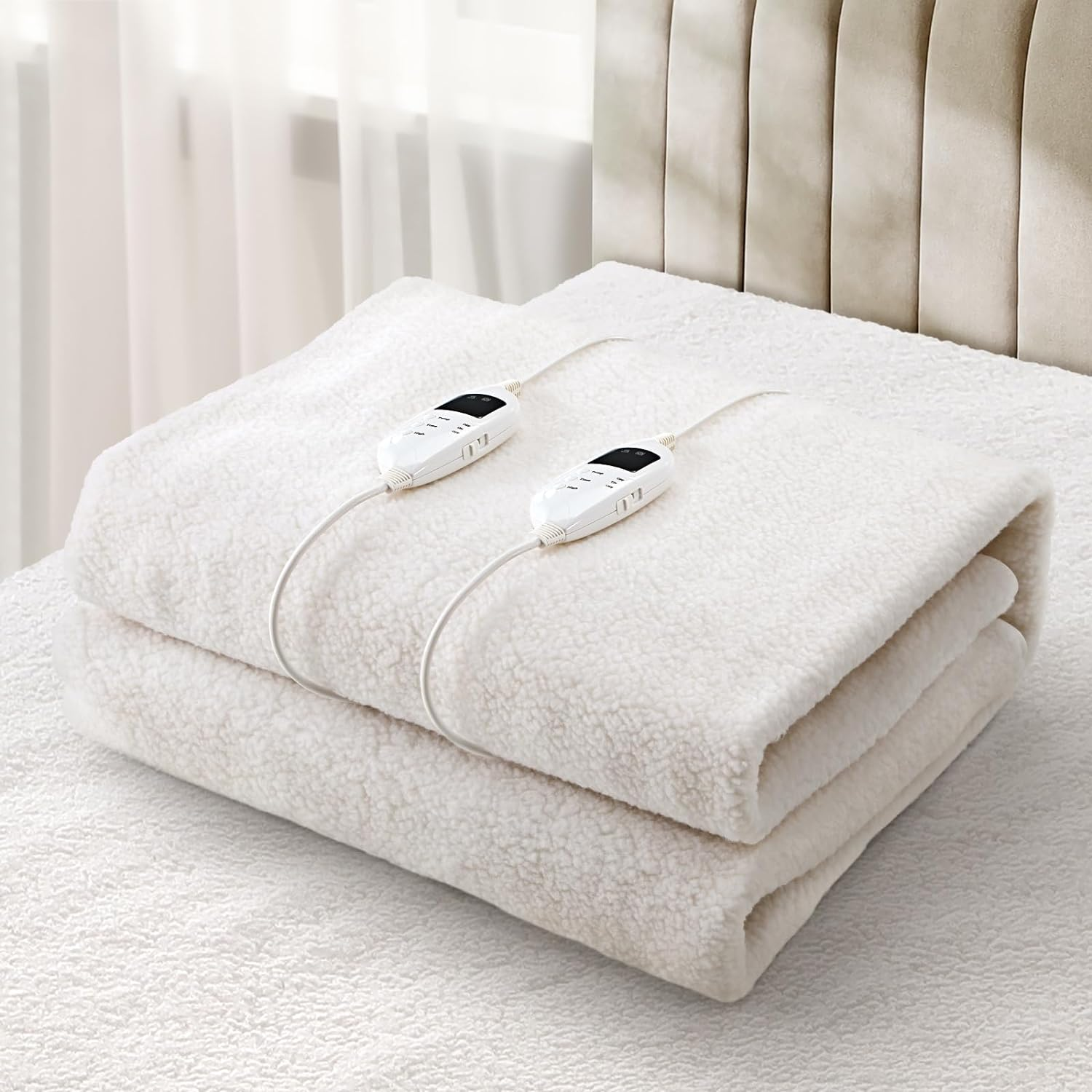 Double Electric Blanket Fully Fleece Fitted Heated Throw Rug Blanket Mattress Cover with 450GSM Polyester 9-Level Temperature Setting Hand/Machine Washable Overheat Protection