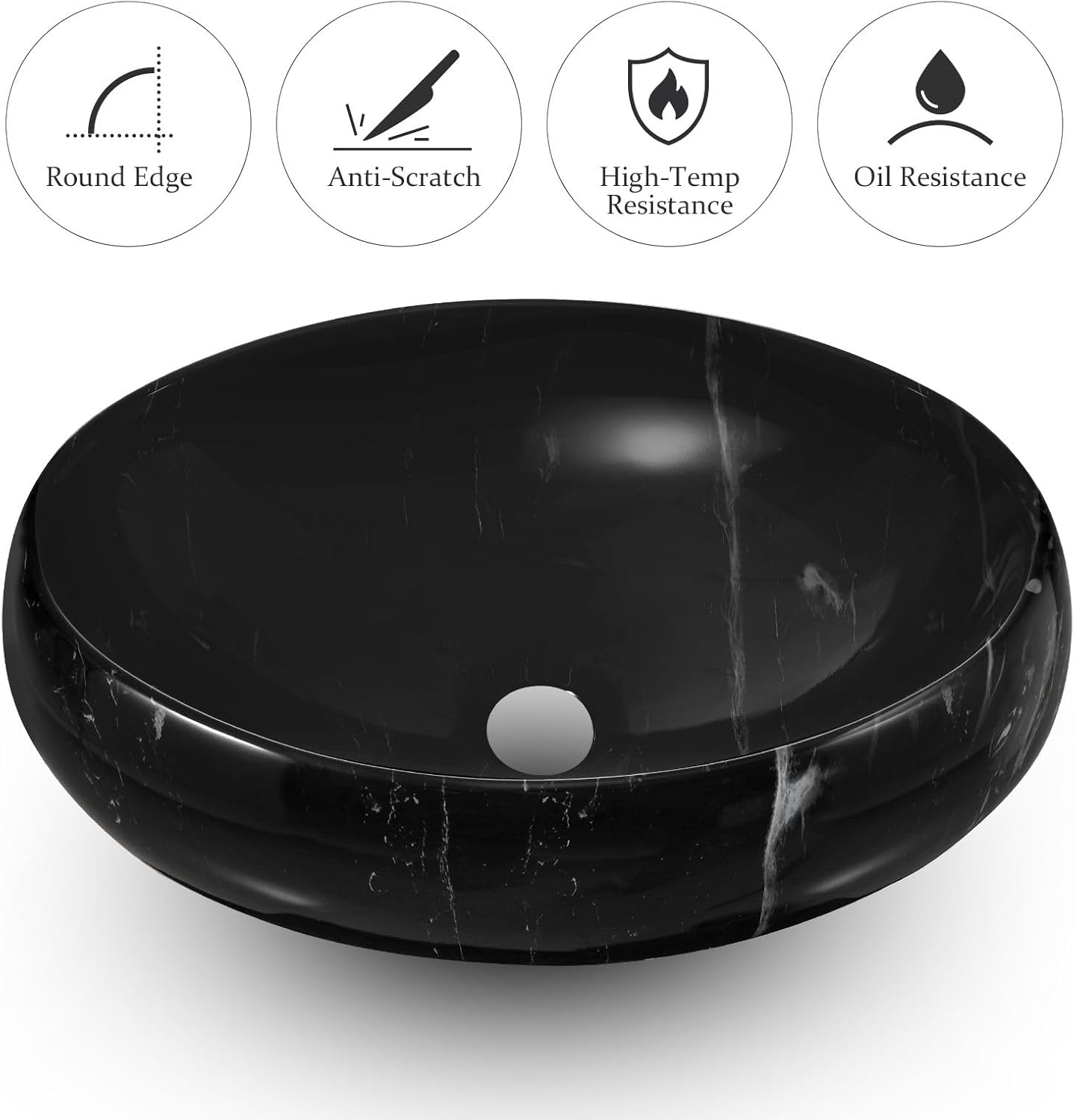 Luxsuite Bathroom Sink Vanity Basin Bath Vessel above Counter Oval Hand Wash Bowl Ceramic Sink Countertop Black Marbled image number 2