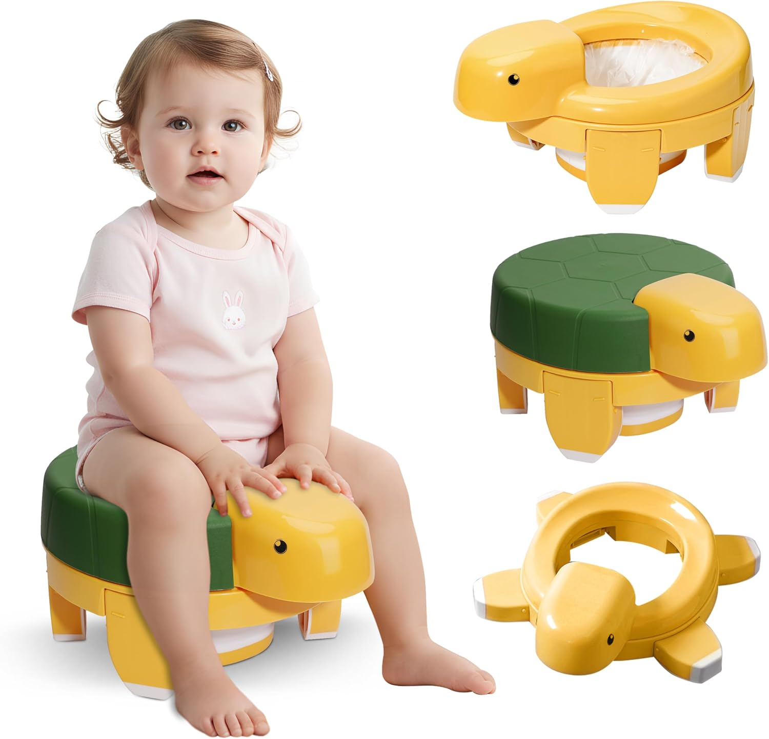 Rndeen 4-In-1 Training Toilet for Baby & Toddlers 0-48 Months Foldable Portable Travel Potty Seat Disposable Bags Cute Turtle Potty Easy Clean Easy Carry Perfect for Home Car On-The-Go Use (Yellow)