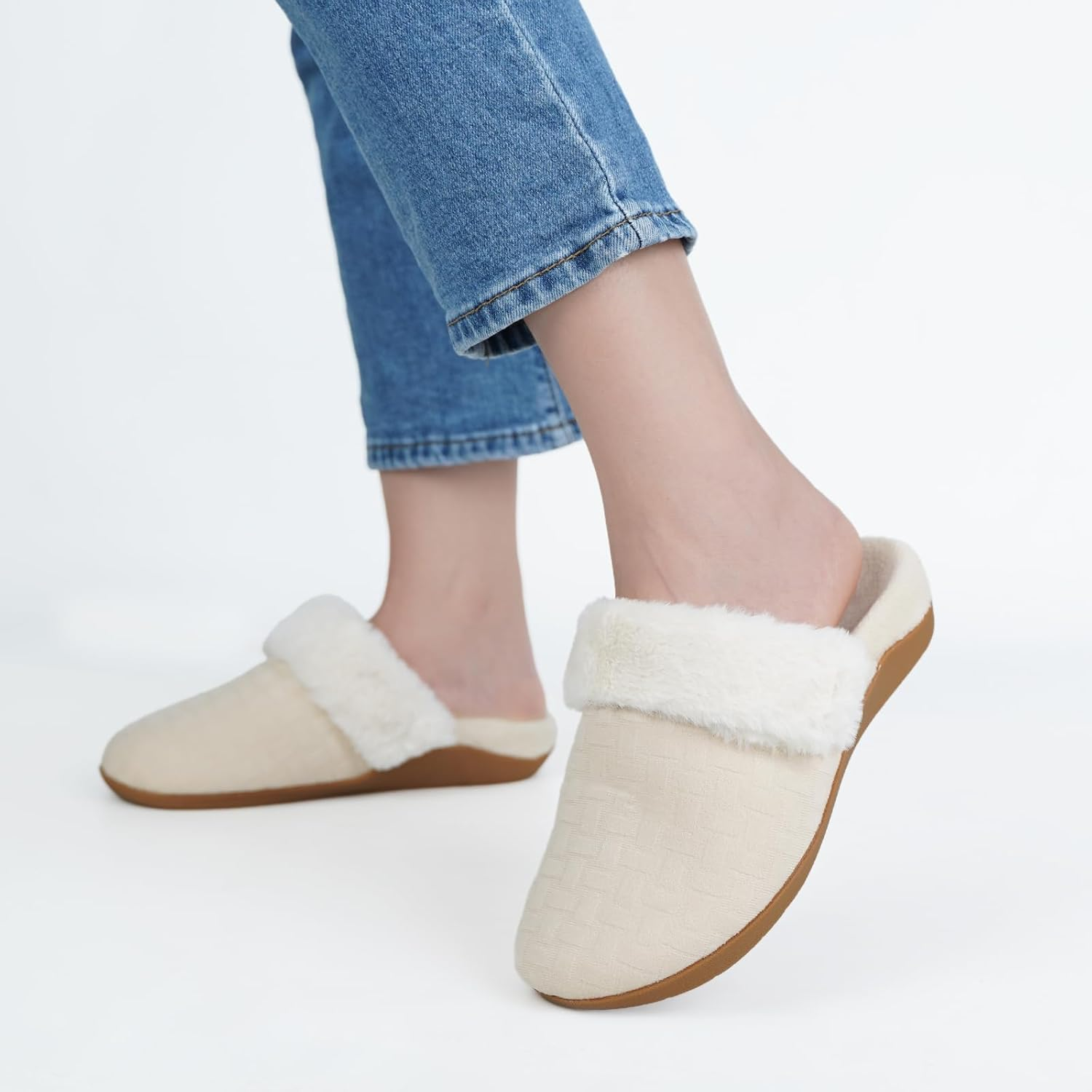 Ergofoot Orthopedic Slippers for Women, Fuzzy Slipper with Arch Support Bedroom Shoes for Plantar Fasciitis, Slip on Scuffs with Indoor Outdoor Anti-Skid Rubber Sole image number 3