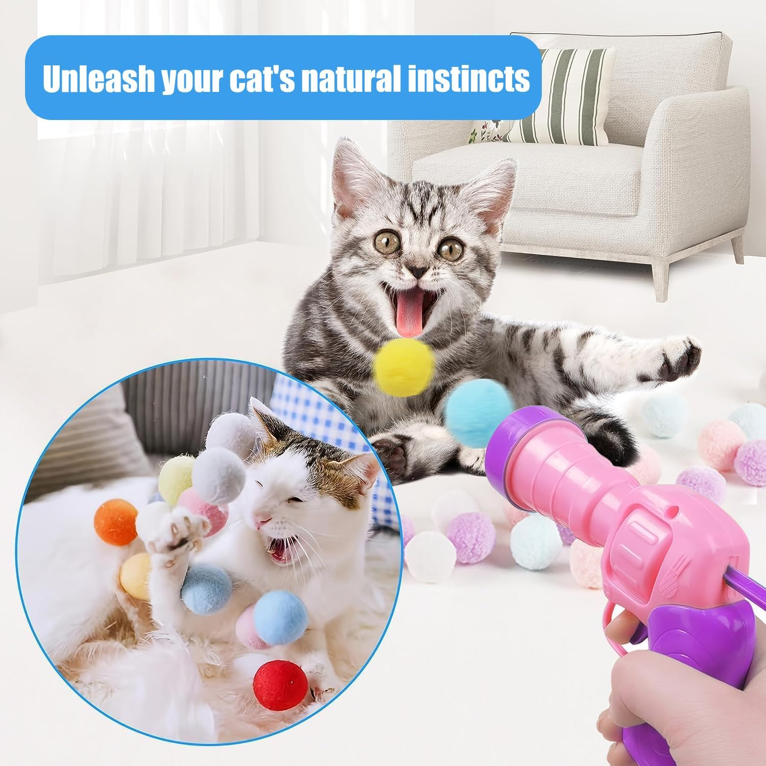 MEIYUETAOSI Cat Ball Toy Launcher Gun with 100 Plush Fuzzy Balls, Interactive Fun Cat Toys for Indoor Cats, Entertaining Fetch Game for Adult Cats & Kittens image number 1