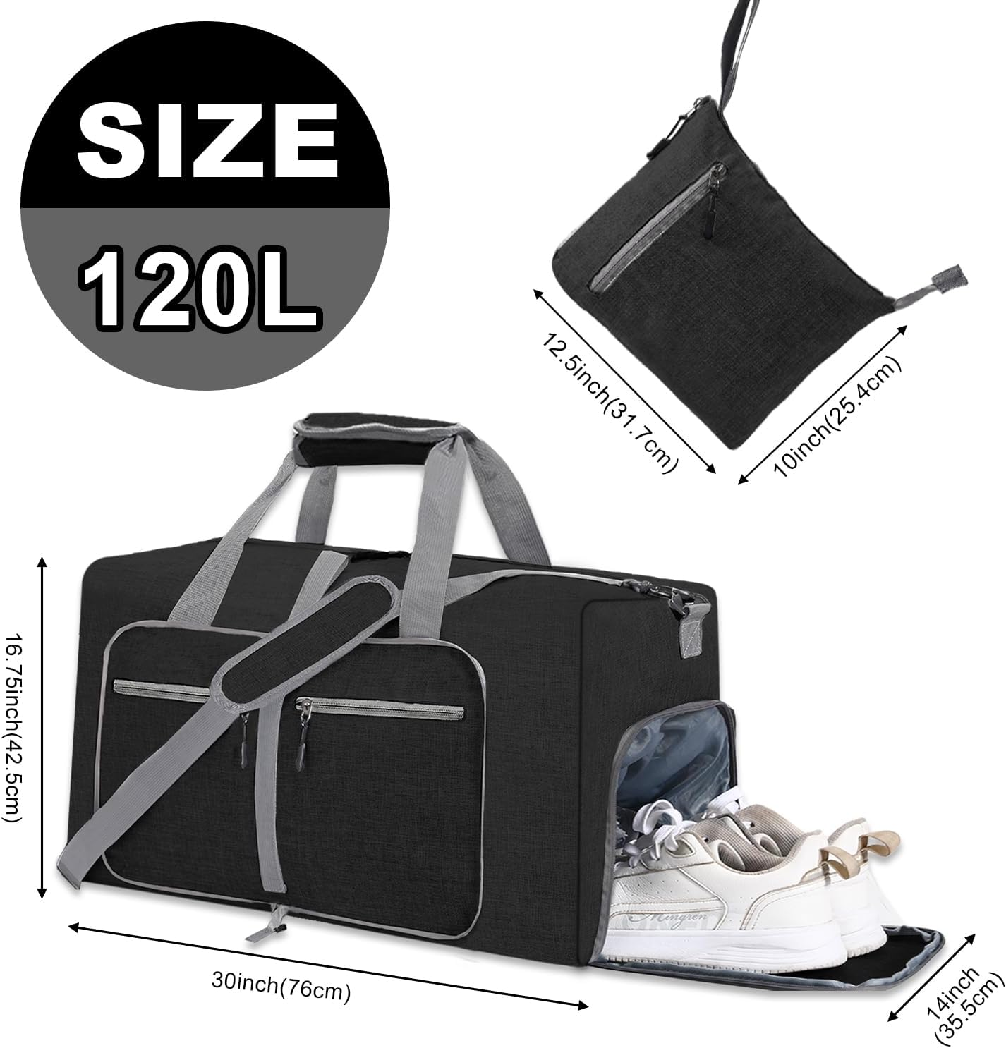 Travel Bag for Men, Foldable Travel Bag with Shoe Compartment, Black image number 2