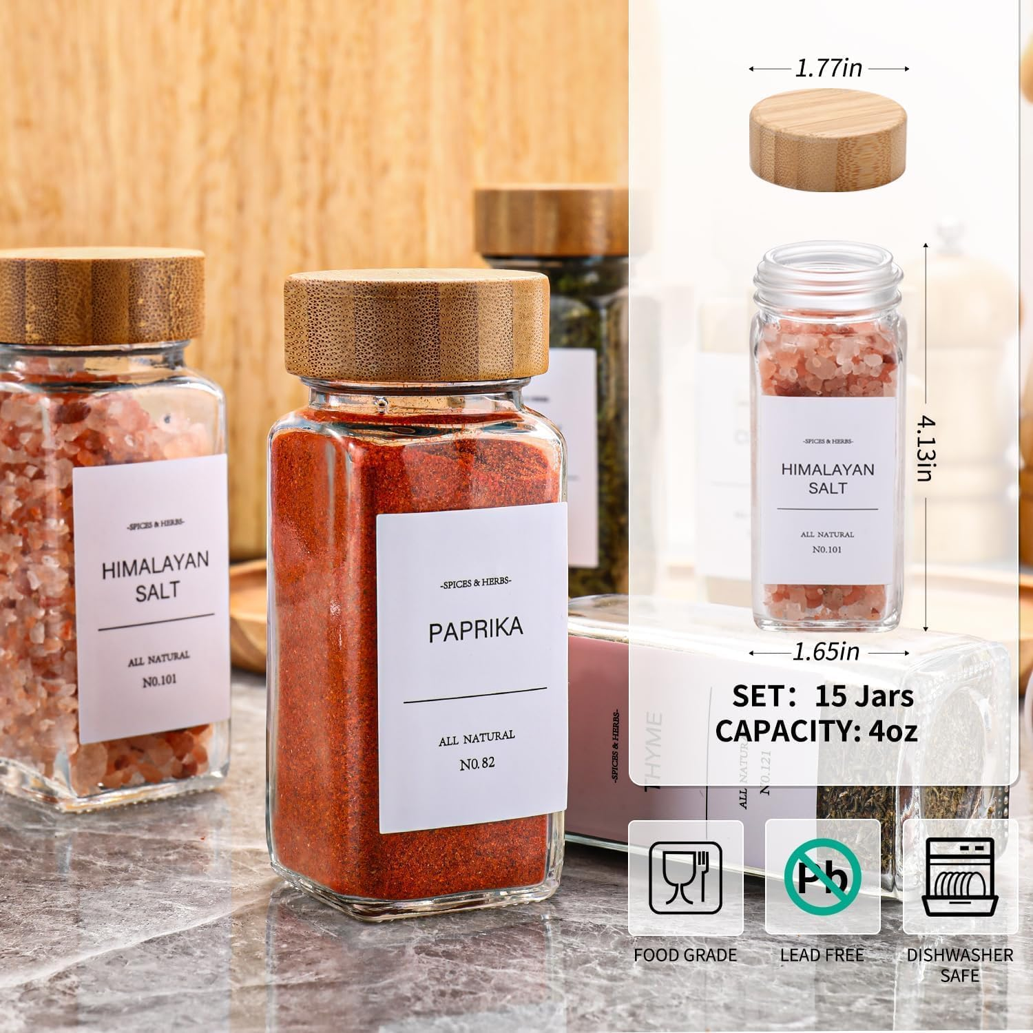 DIMBRAH Spice Jars 24 Pcs with Labels, Glass Spice Jars with Bamboo Lids, 4 Oz Spice Jars Set,Seasoning Storage Bottles for Spice Rack, Cabinet, Drawer