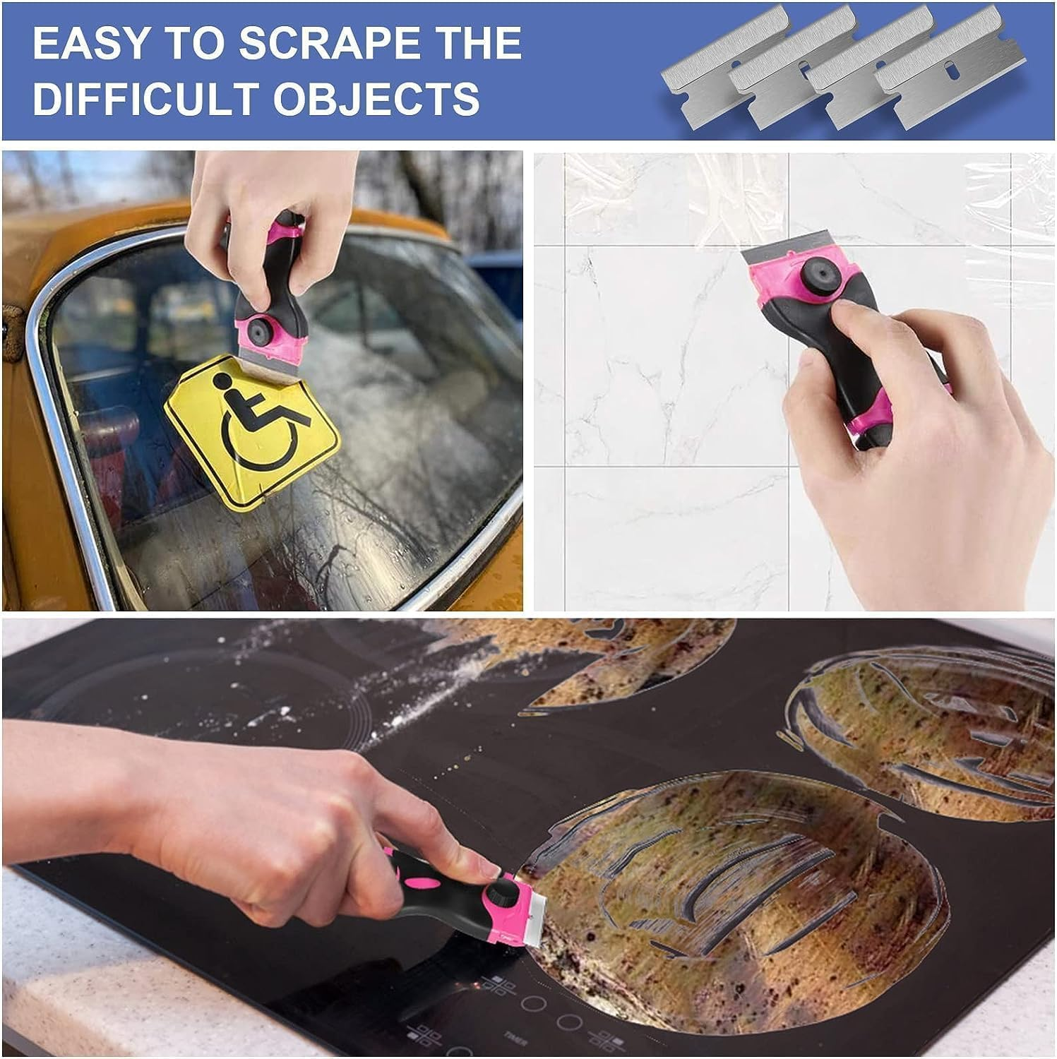 Razor Blade Scraper, 2 Pack Double Edged Razor Blade Scraper Tool with 30 Pcs Razor Blades, Glass Scraper for Windows, Decals, Tint, Stickers, Labels, Caulk, Adhesive（Pink） image number 3