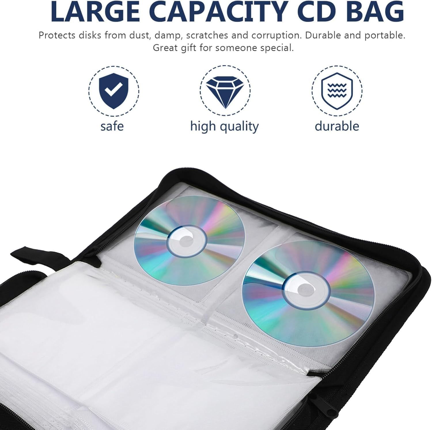 CD Case, 80 Car Capacity DVD Disc Storage Binder Wallet, Portable Nylon CD Organizer, Zipper Protective CD Case Holder for Home, Car, Travel, Office (Black) image number 2
