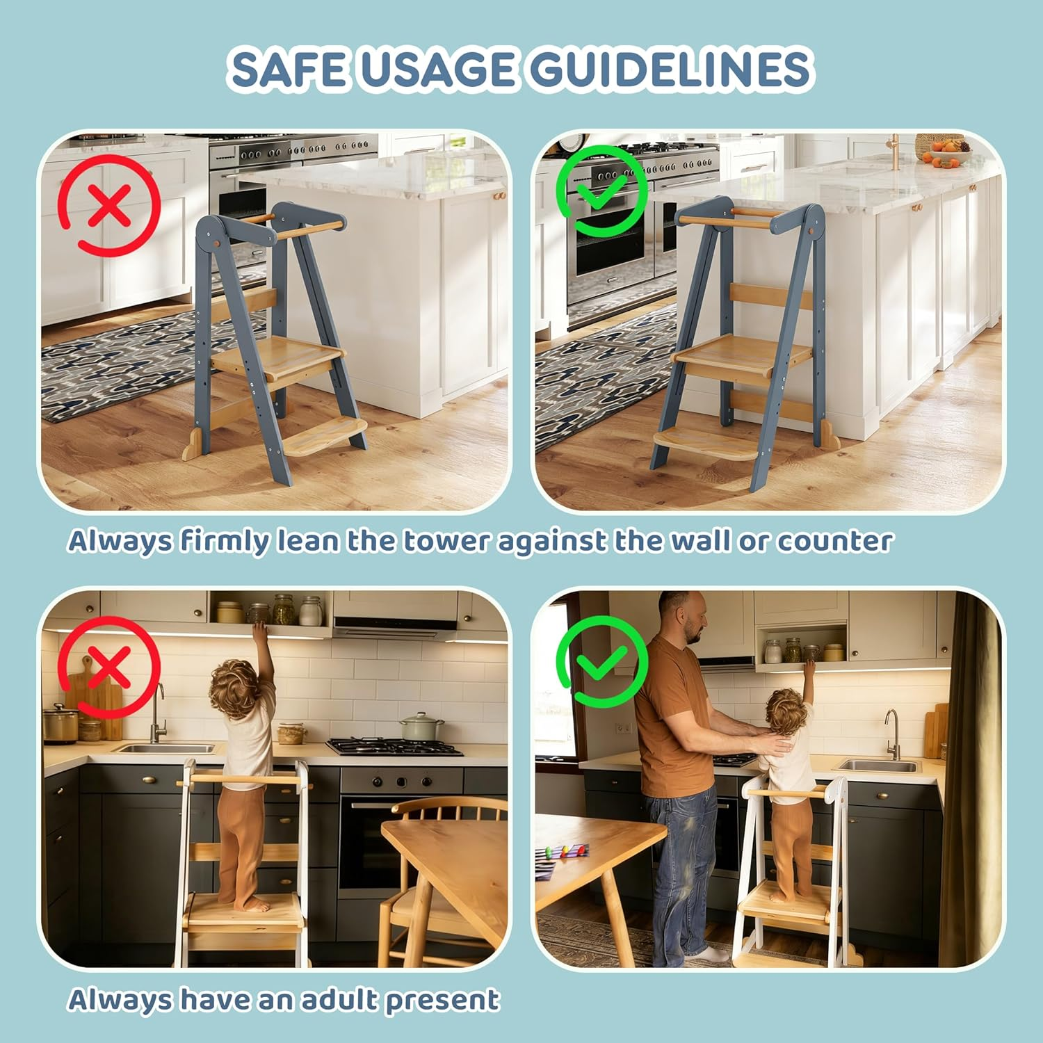 HARPPA Toddler Learning Tower, Kids Kitchen Step Stool Foldable Toddler Kitchen Tower with 3 Adjustable Heights, Suitable Age for 1.5-6 Years, Montessori Standing Tower (White) image number 3