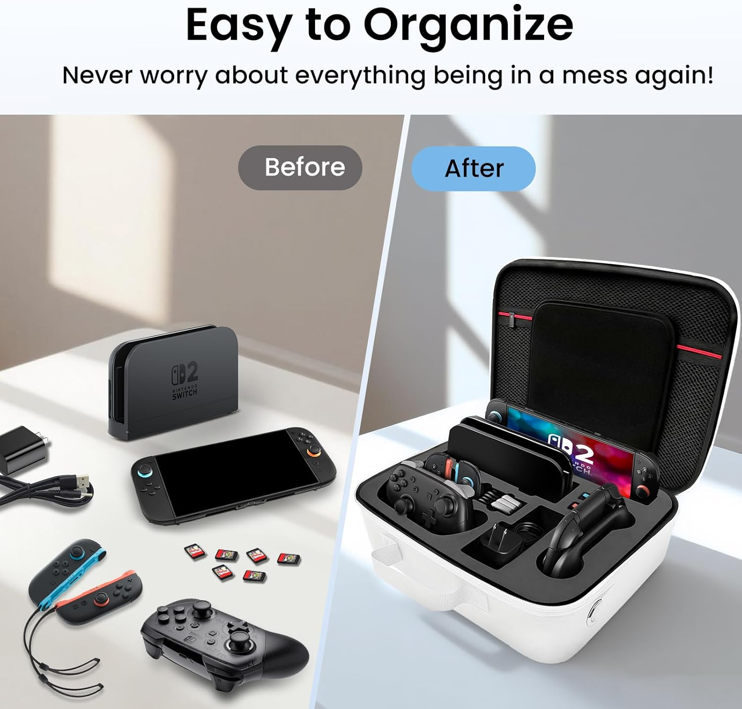 Carrying Case for Switch 2 [White] &ndash; Large Capacity Travel Storage Bag, Compatible with 2025 Switch Model, Shockproof Waterproof EVA Hard Shell, Lightweight with Handle Strap for Console & Accessories image number 4