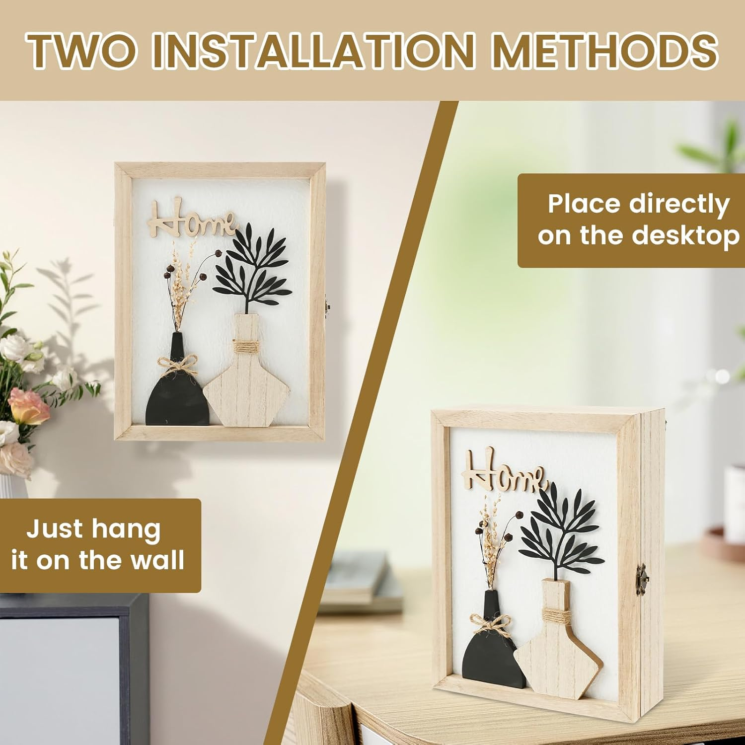 Wooden Key Box, Key Holder Wall Mount Decorative Wooden Key Cabinet Holder with 6 Hooks Rustic Access Card Hanger Organizer for Home Entryway Hallway (Beige A)