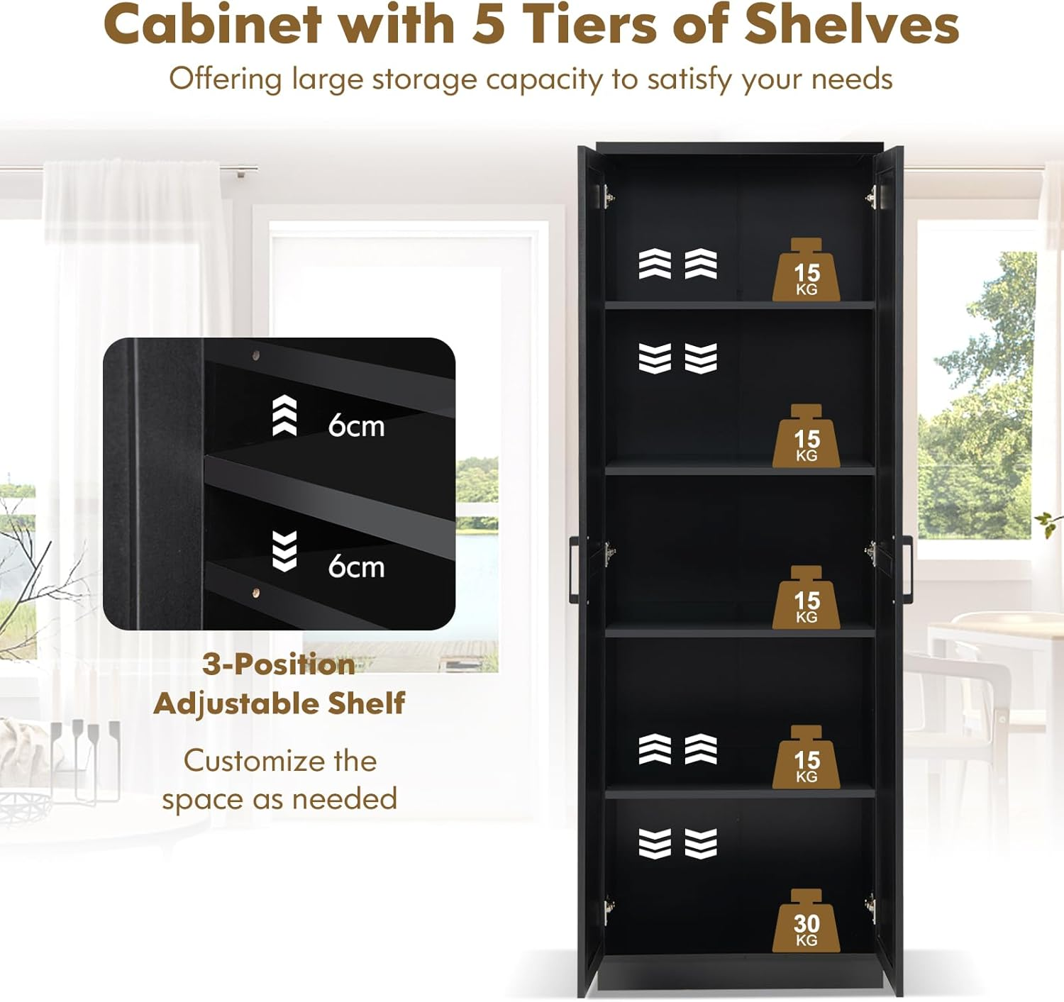 Giantex 178 Cm Kitchen Pantry Cabinet, Utility Storage Cabinet W/ 2 Doors & 5 Shelves, Freestanding Storage Organizer W/Adjustable Shelves & Anti-Tipping Accessories for Kitchen, Bedroom image number 3