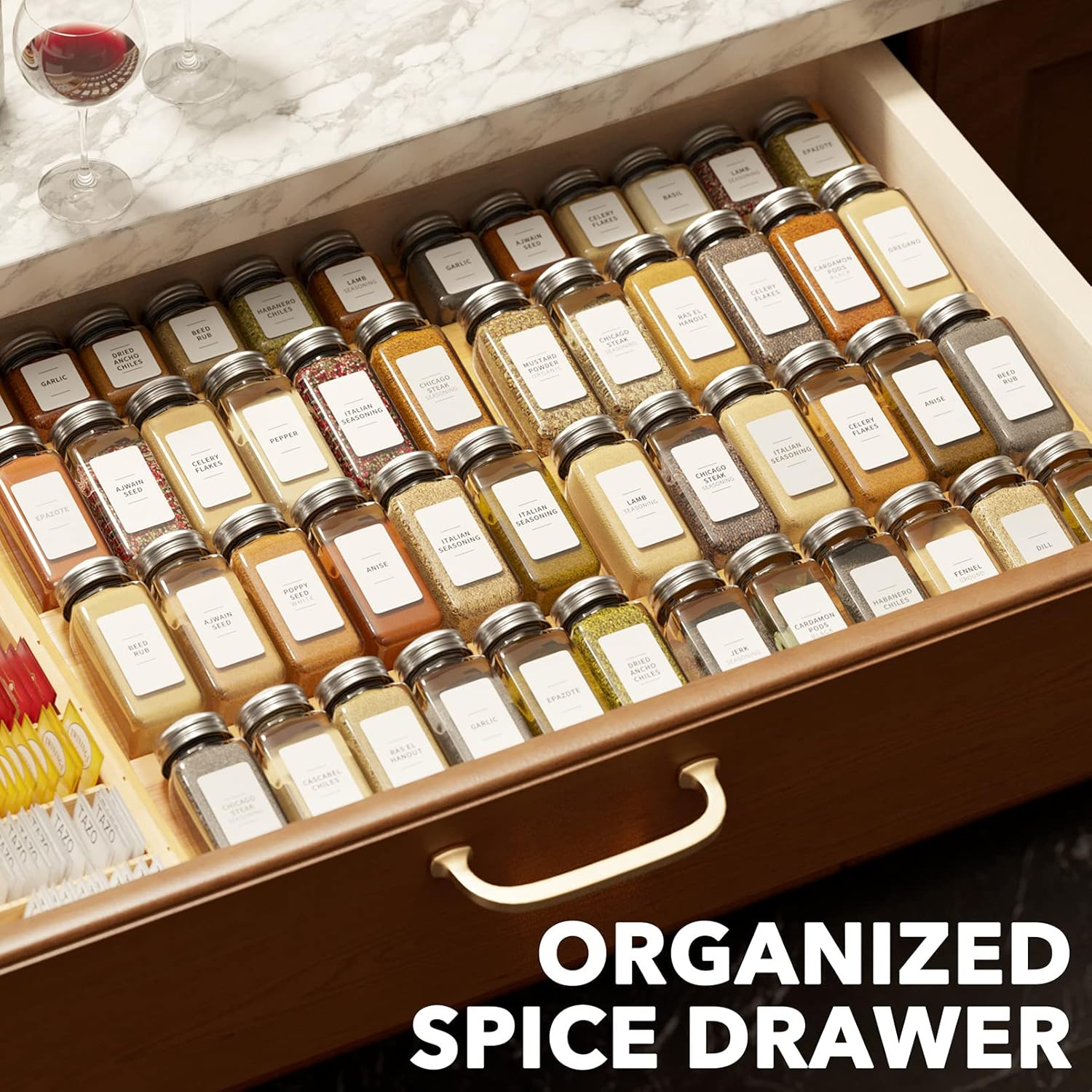 Spaceaid Bamboo Spice Drawer Organizer, (Need 3" Deep Drawer) Expandable 4 Tier Spices Rack for Cabinet, Kitchen Seasoning Storage Insert (Jars Not Included, from 12" to 23" Wide) - Black image number 5