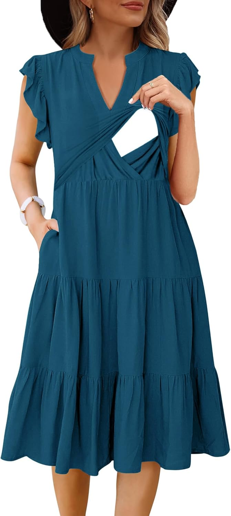 Womens Nursing Midi Dress Breastfeeding Summer Ruffle Sleeveless V Neck Tiered Beach Sundress with Pockets