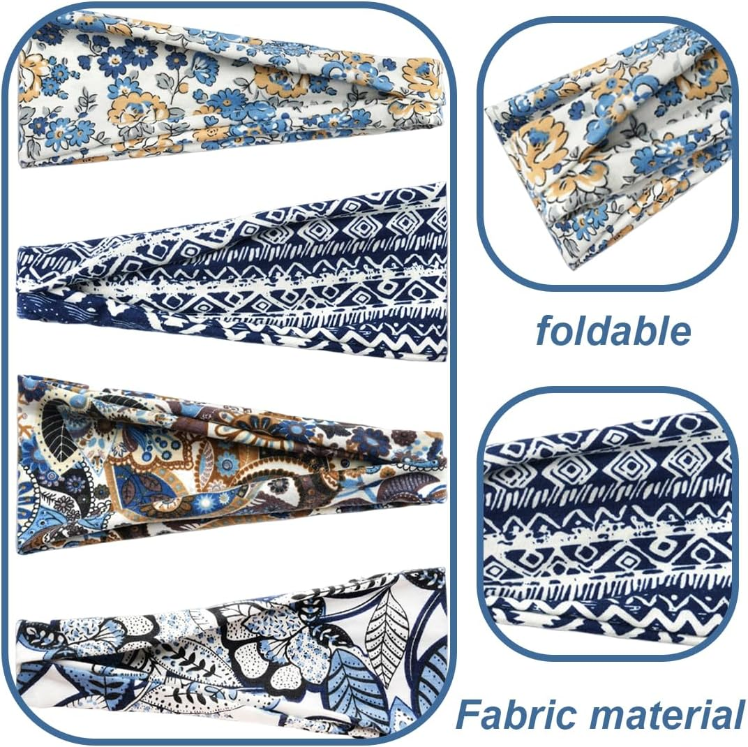 WUSJCOF Pack of 4 Women'S Hair Bands, Thin, Elastic, Soft Boho Headband, for Yoga, Cosmetics, Sports & Hair Accessories, Summer (7 Inches, Extra Wide) (Multi-Colour)