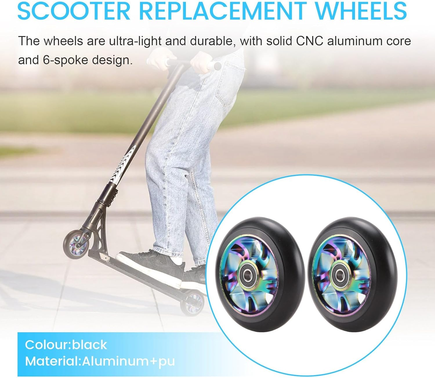 2 Pcs 100Mm Scooter Replacement Wheels with Bearing Stunt Scooter Pu Wheels for Rocking Cars, Extreme Cars, Scooters image number 4