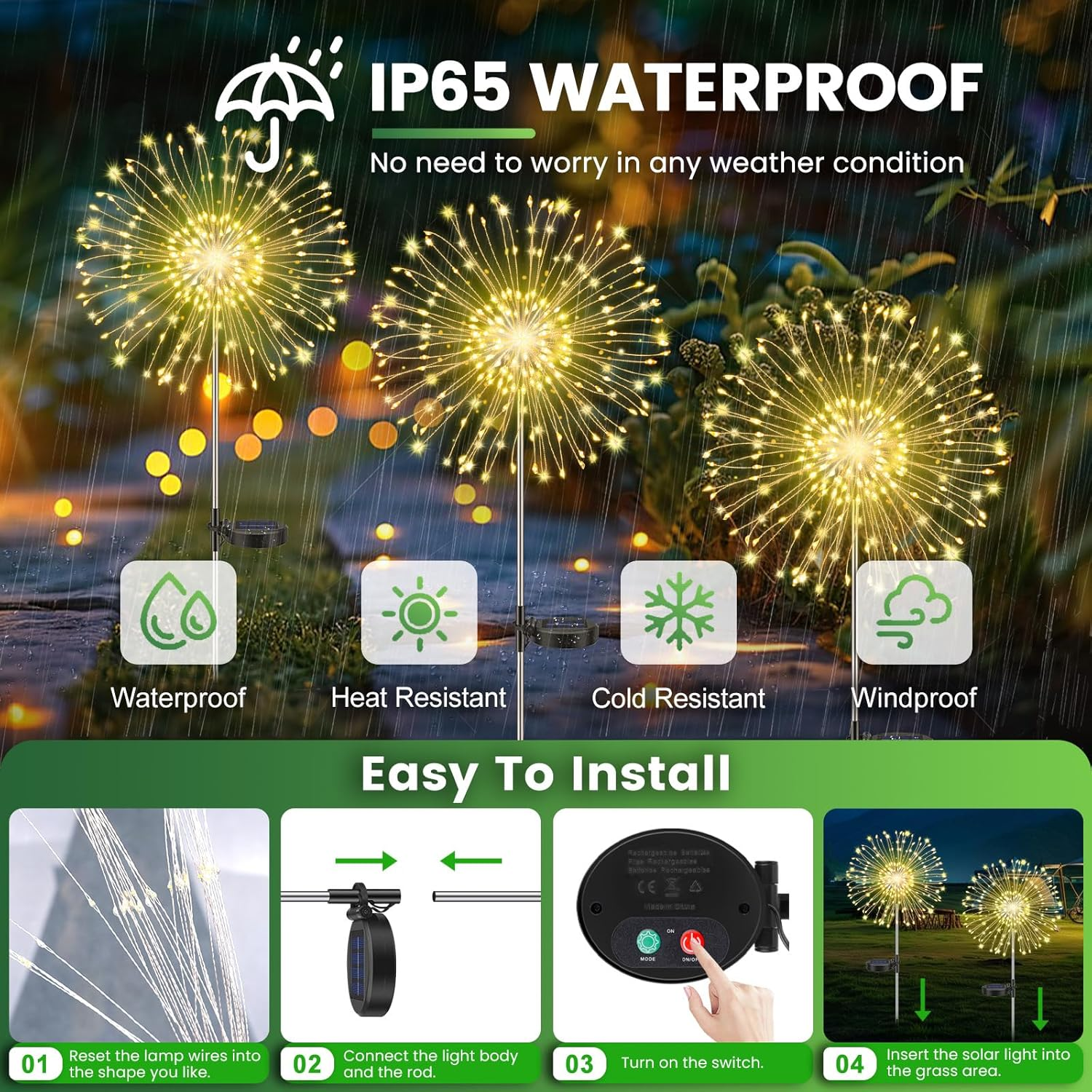 Pack of 4 Solar Lights Outdoor Garden, Dandelion Solar Firework Lights 120 Leds, 8 Modes Starburst Light, Garden Lamp Waterproof for Lawn Pathway Patio Yard Party Backyard Decoration/Warm White image number 1