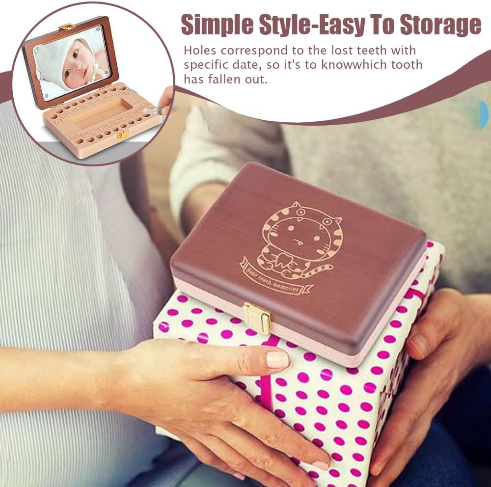 TOMVAES Classic Elegant Functional Baby Tooth Storage Box, 15X12X3.7 CM, Brown, Beech, Tooth Box