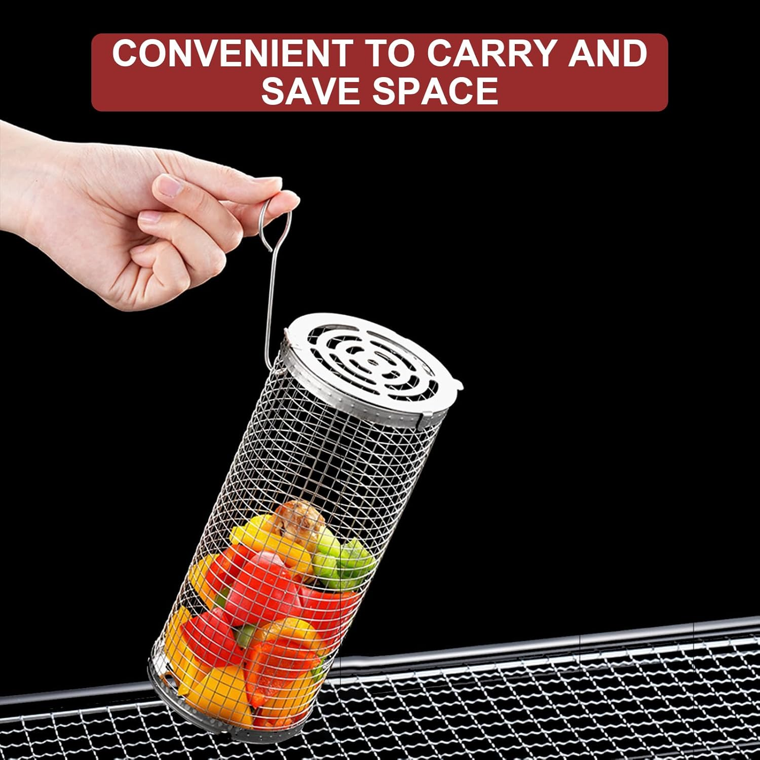 Grill Baskets for Outdoor Grill, Rolling Grill Basket with Removable Wooden Handle, Stainless Steel Grilling Accessories for Fish, Shrimp, Meat, Vegetables, Fries，Bbq image number 2