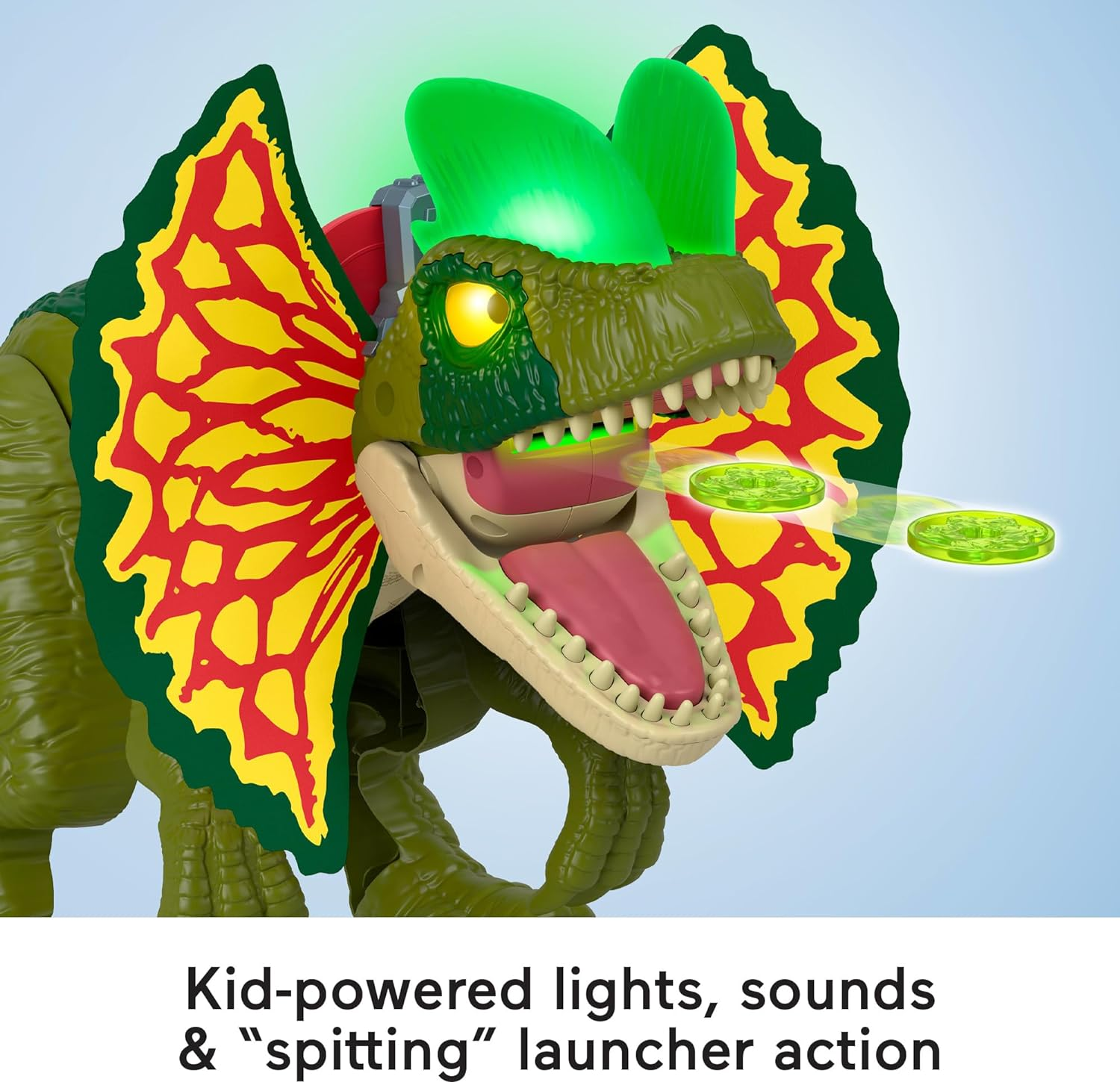 Fisher-Price Imaginext Jurassic World Dinosaur Toy Thrash Attack Dilophosaurus 16+ Inch Figure with Lights & Sounds for Kids Ages 3+ Years