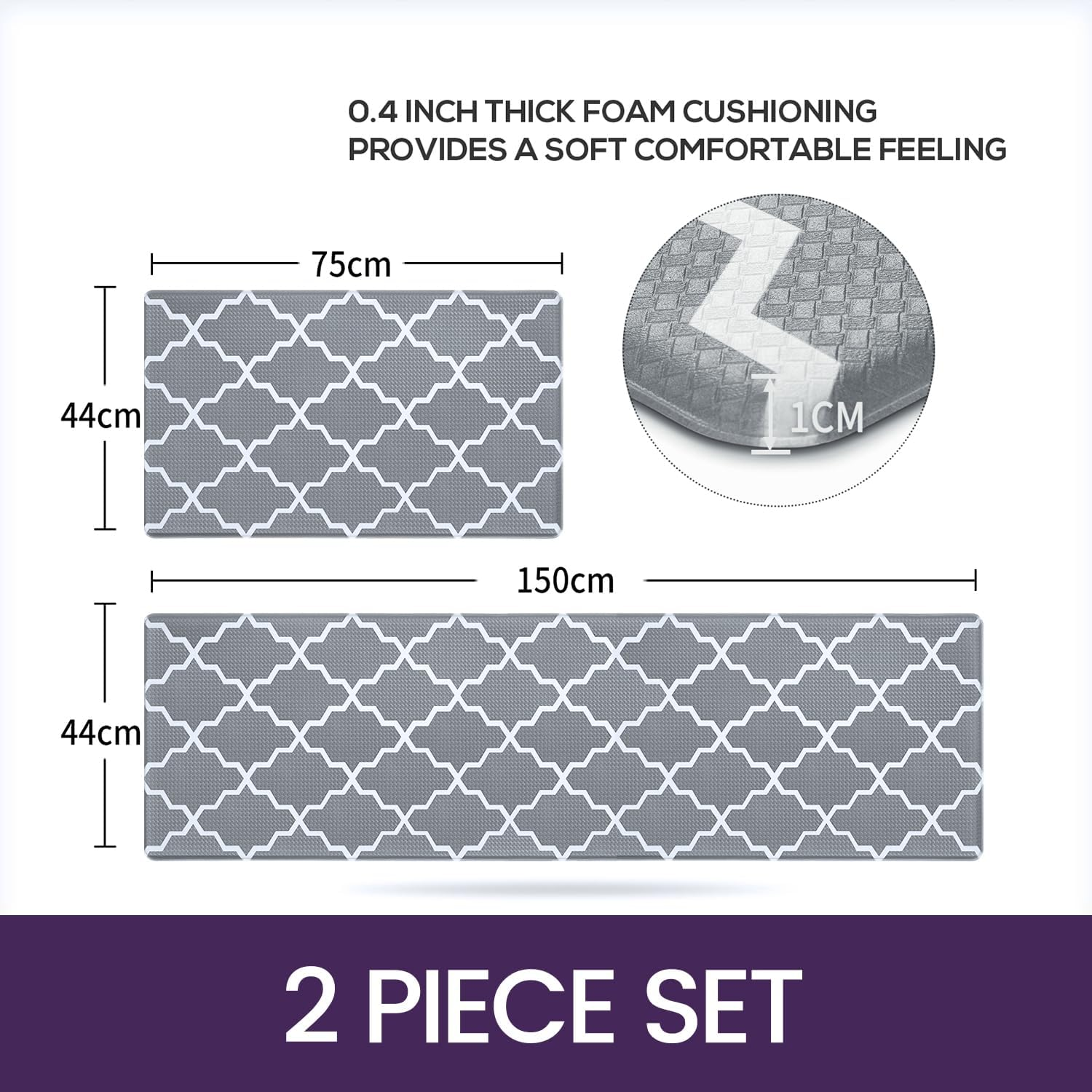DEXI 2 Piece Kitchen Rugs Set, Non-Slip anti Fatigue Standing Mat for Floor, Waterproof Comfort Runner Rug, Easy to Clean, 44 X 75 Cm+44 X 150 Cm, Grey image number 4