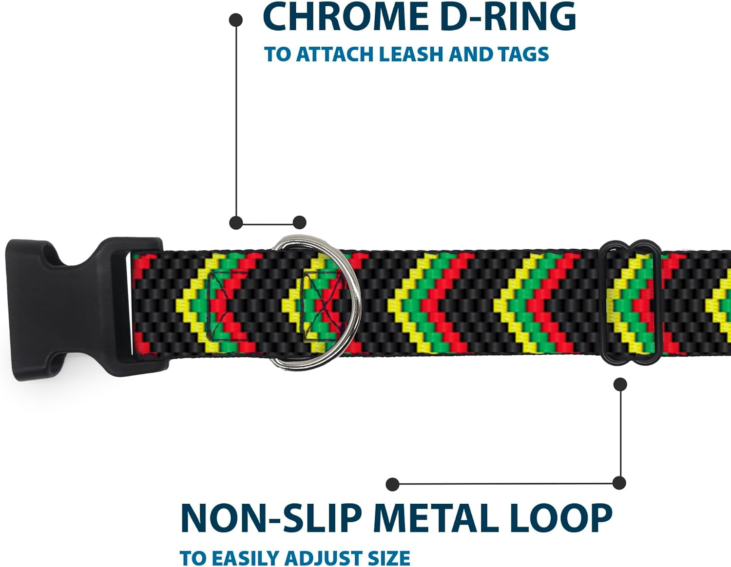Buckle-Down Plastic Clip Dog Collar, Chevron Weave Black Rasta, 15 to 26 Inches Length X 1.0 Inch Wide