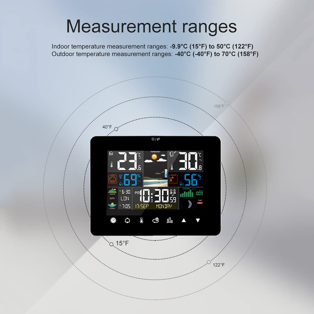 Weather Station, Sunrise and Sunset Weather Station Multi-Function Alarm Clock Thermometer Hygrometer Touch Screen Operation with Wireless Outdoor Sensor image number 6