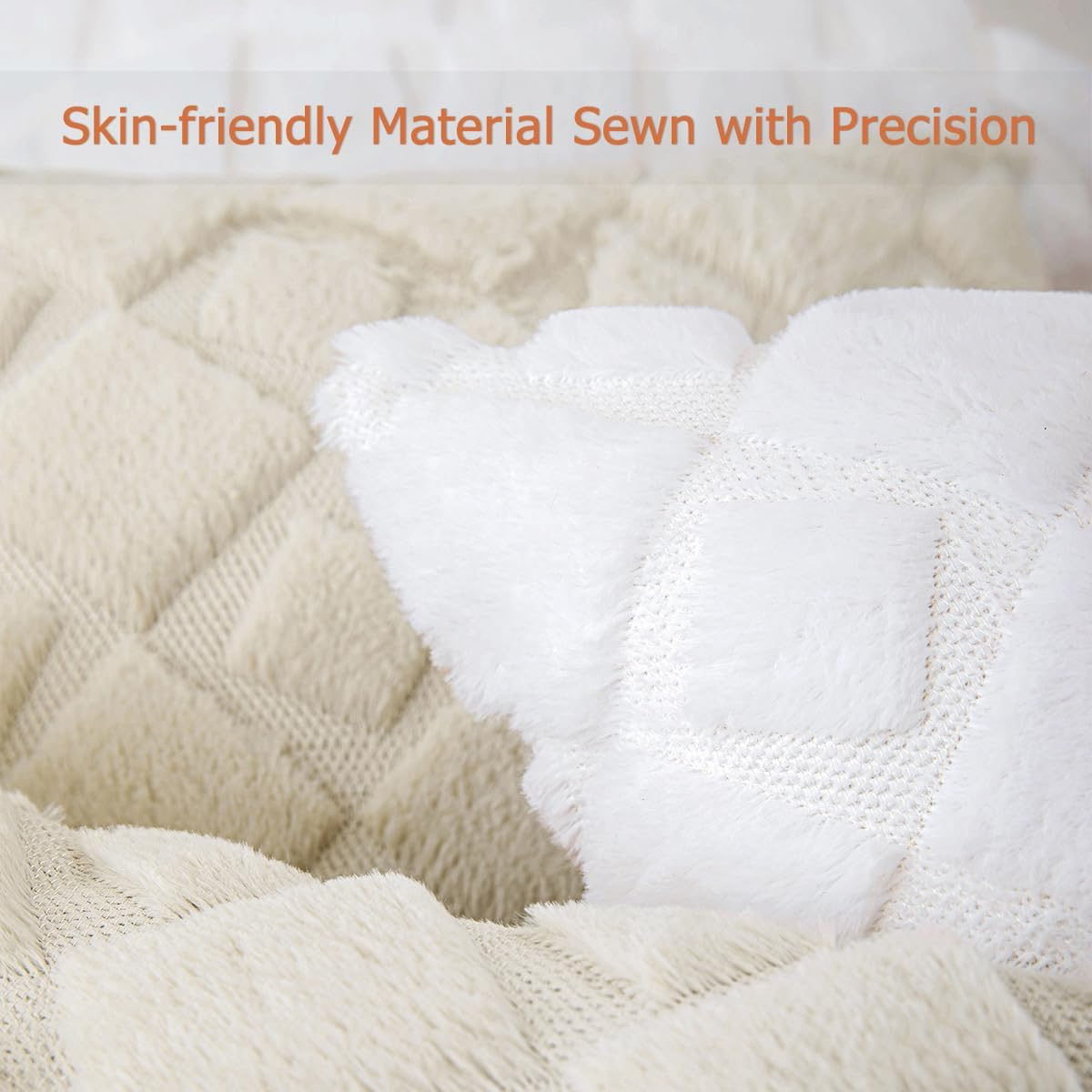 2Pcs Soft Faux Fur Throw Pillow Covers 18X18 - Plush Short Wool Velvet Decorative Pillow Covers - Couch Sofa Pillow Covers for Living Room - with 3D Plaid Pattern (White) - Grey image number 5