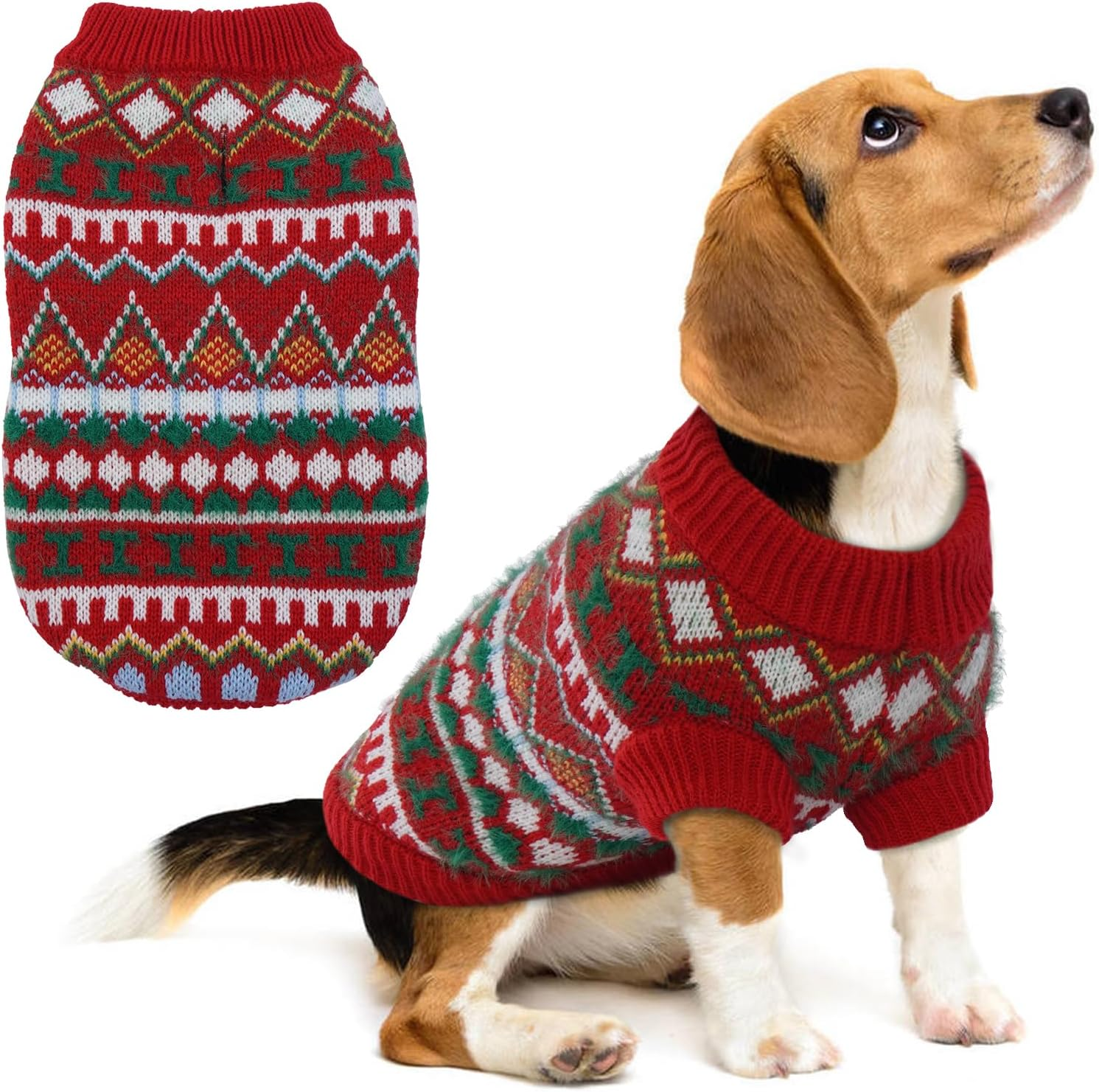 Hjumarayan Boho Dog Jumper - Christmas Jumper for Small Dogs, Beautiful Thick Dog Jumper, French Bulldog Chihuahua (Red-Green, M) image number 1