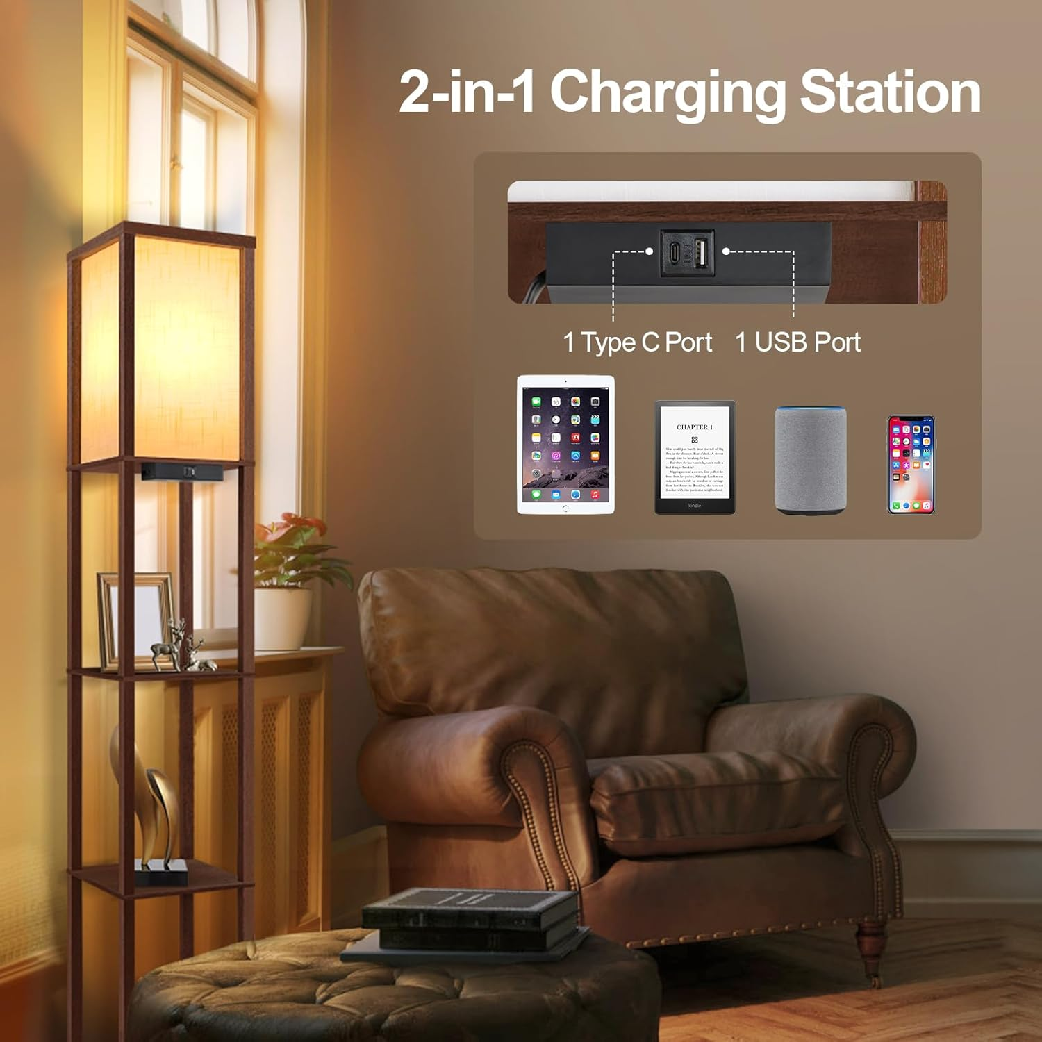 OUTON Floor Lamp with Shelves, LED Column Modern Floor Lamp with USB & Type C Port, 3 Color Temperatures, Wooden Standing Lamp with White Linen Shade for Living Room Bedroom Office (Walnut Brown) image number 5