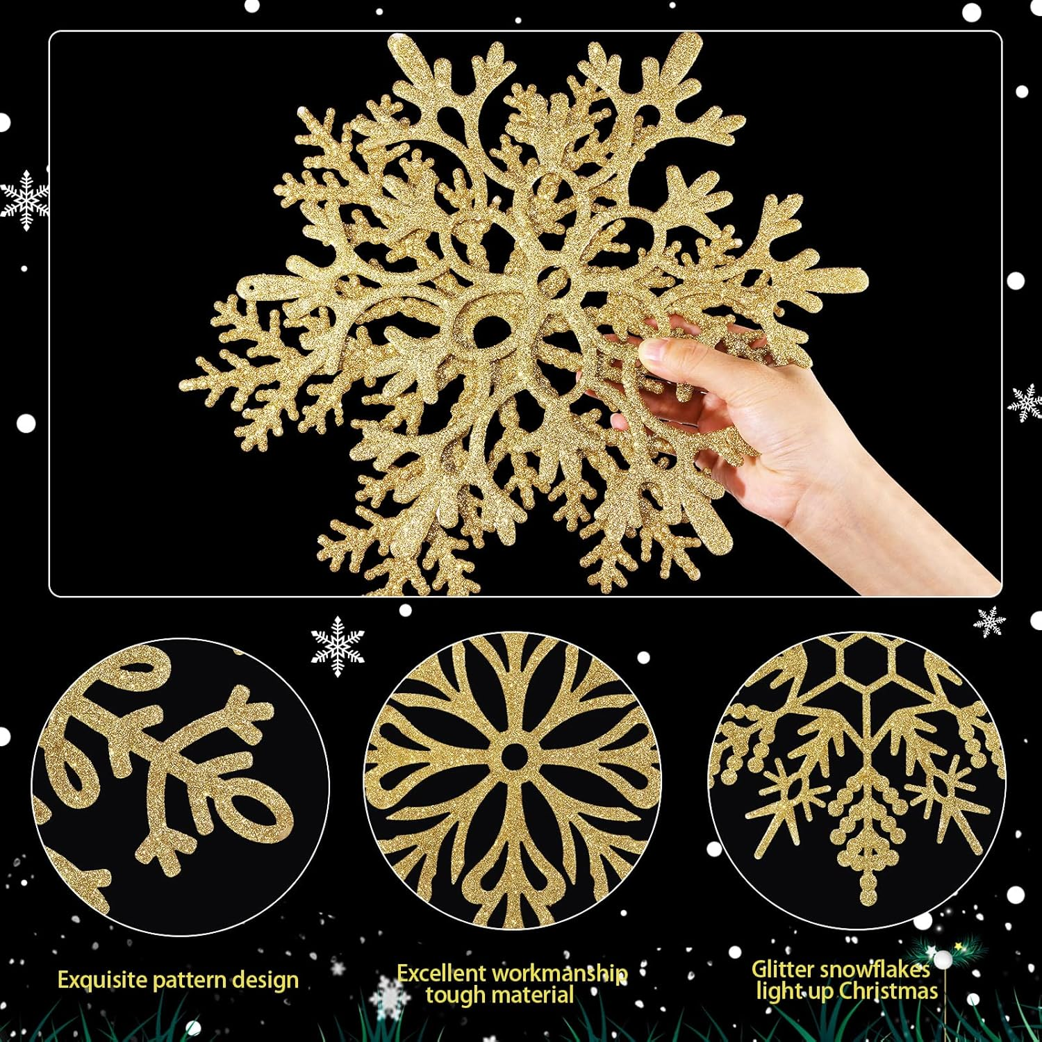 Sratte 12 Pack Large Glitter Snowflakes Ornaments 12" Plastic Giant Winter Christmas Hanging Decor Oversized Snowflakes Ornaments for Indoor Outdoor (Gold)