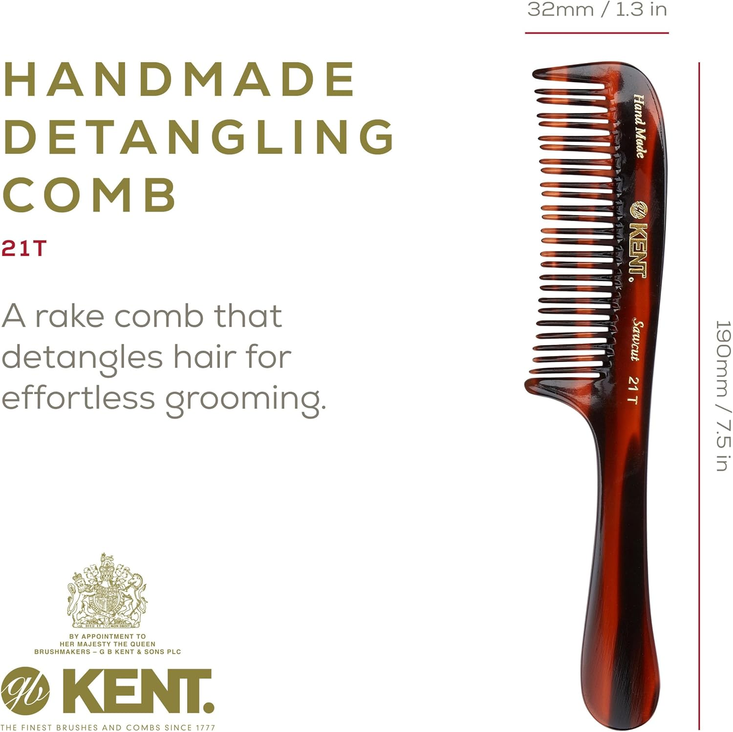 Kent 21T Large Hair Detangling Comb, Double Teeth Wide Tooth Comb for Curly Wavy Hair, Saw-Cut and Handmade (7.5") - 195Mm (Length) image number 4