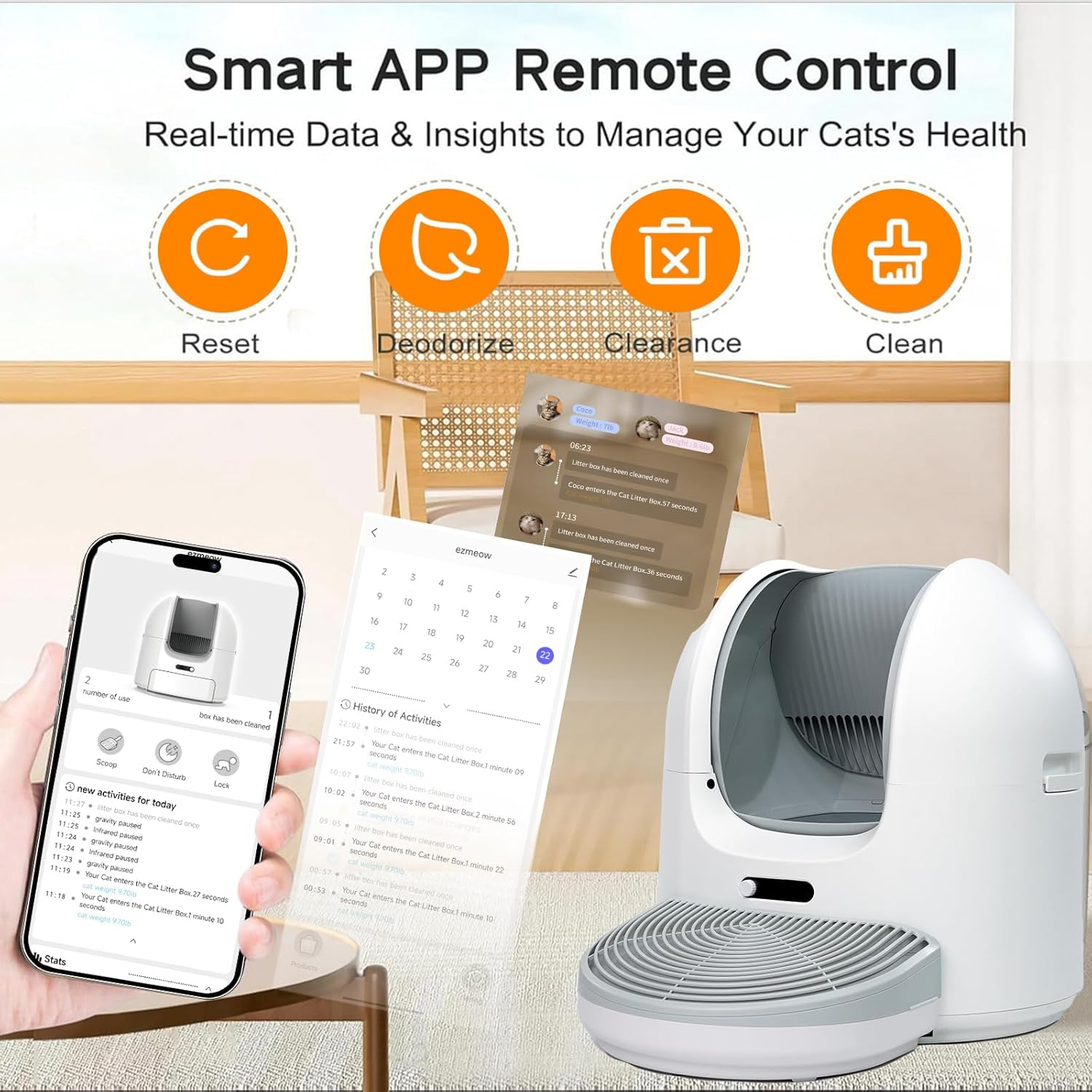 Ezmeow by Hoomegic Self Cleaning Cat Litter Box, 61L Large Automatic Hands-Free Smart Litter Box for Multiple Cats, Safe Anti-Pinch, Garbage Bag, Odour Control, App Controlled with Health Monitoring