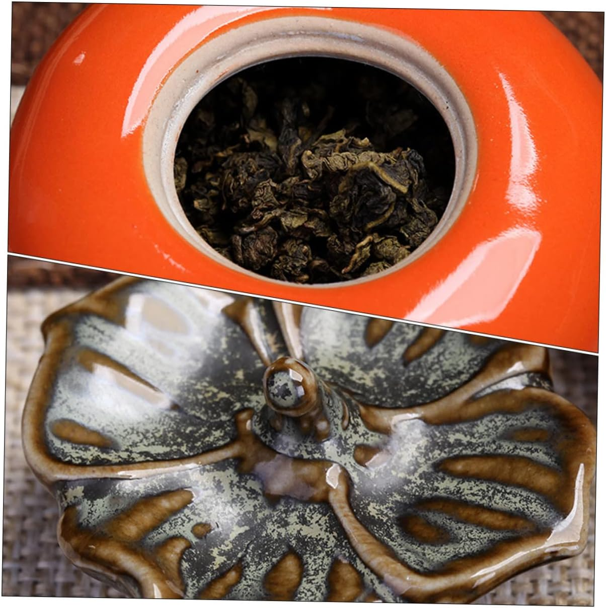 FELTECHELECTR Ceramic Tea Canister with Airtight Lid, 150Ml Persimmon-Shaped Storage Jar, Sealed Multipurpose Container for Home Tea Leaf and Candy Storage, 2Pcs Set, Orange image number 1