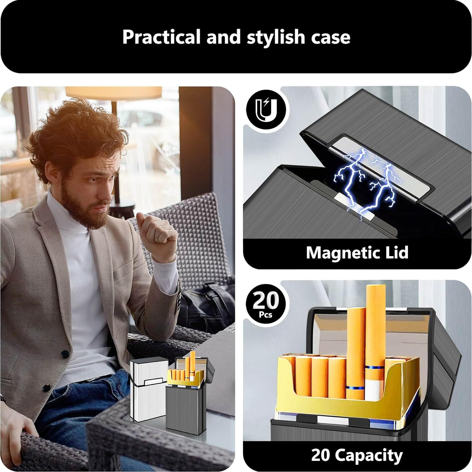 Roygra Cigarette Case, Magnetic Brushed Aluminum, 20 Capacity - 2 Pack (Gray + Silver, 85Mm King Size) image number 6