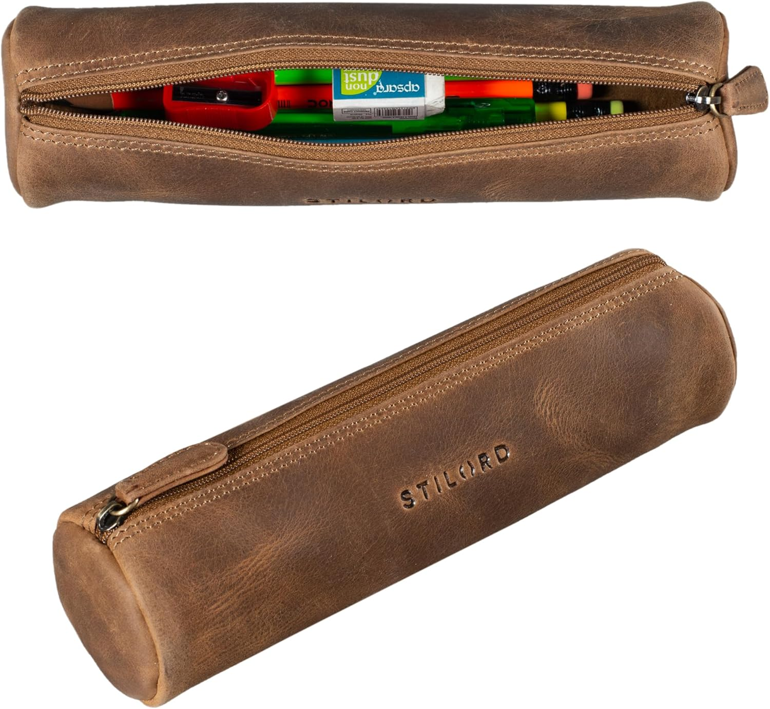 STILORD 'Miller' Pencil Case Leather round Vintage Pencil Case Roll Leather Case Vintage Pen Roll Pencil Case Pencil Case Real Leather - Medium - Brown image number 6