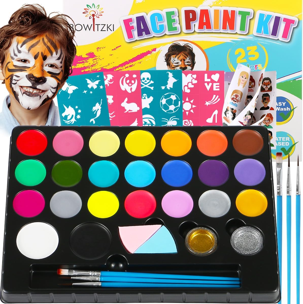 Bowitzki Face Painting Kit for Kids 23 Colors Water Based Face Paint Kit Non Toxic Professional with Stencils Brushes for Parties Birthdays Halloween Christmas Body Makeup image number 2