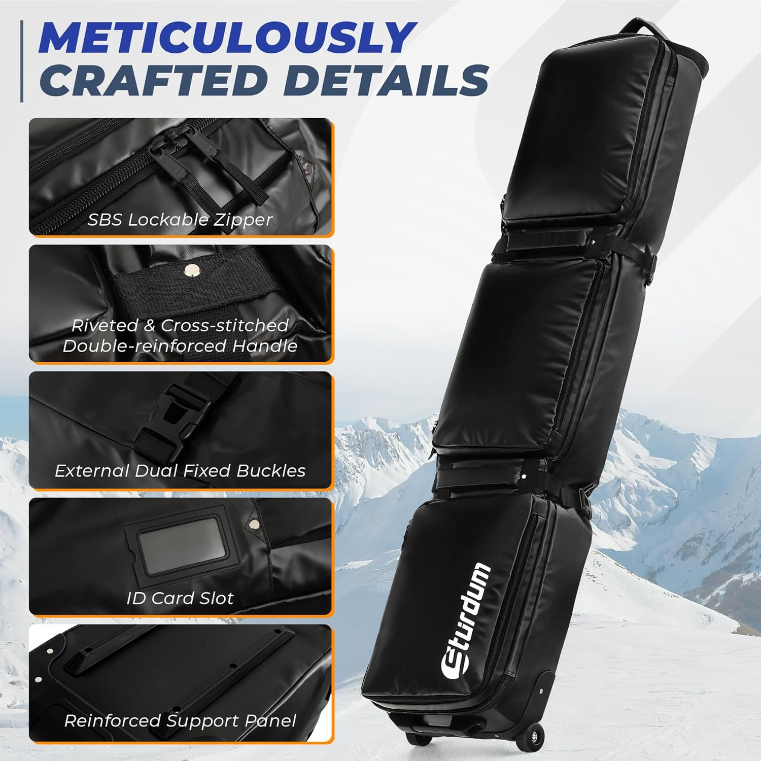 Sturdum Ski Bag with Wheels, Rolling Snowboard Bag for Air Travel, Extendable 155-185CM Wheeled Ski Bag All-Round Padded Protection, for Snowboard, Double Skis, Boots, Helmet, Ski Gear image number 4