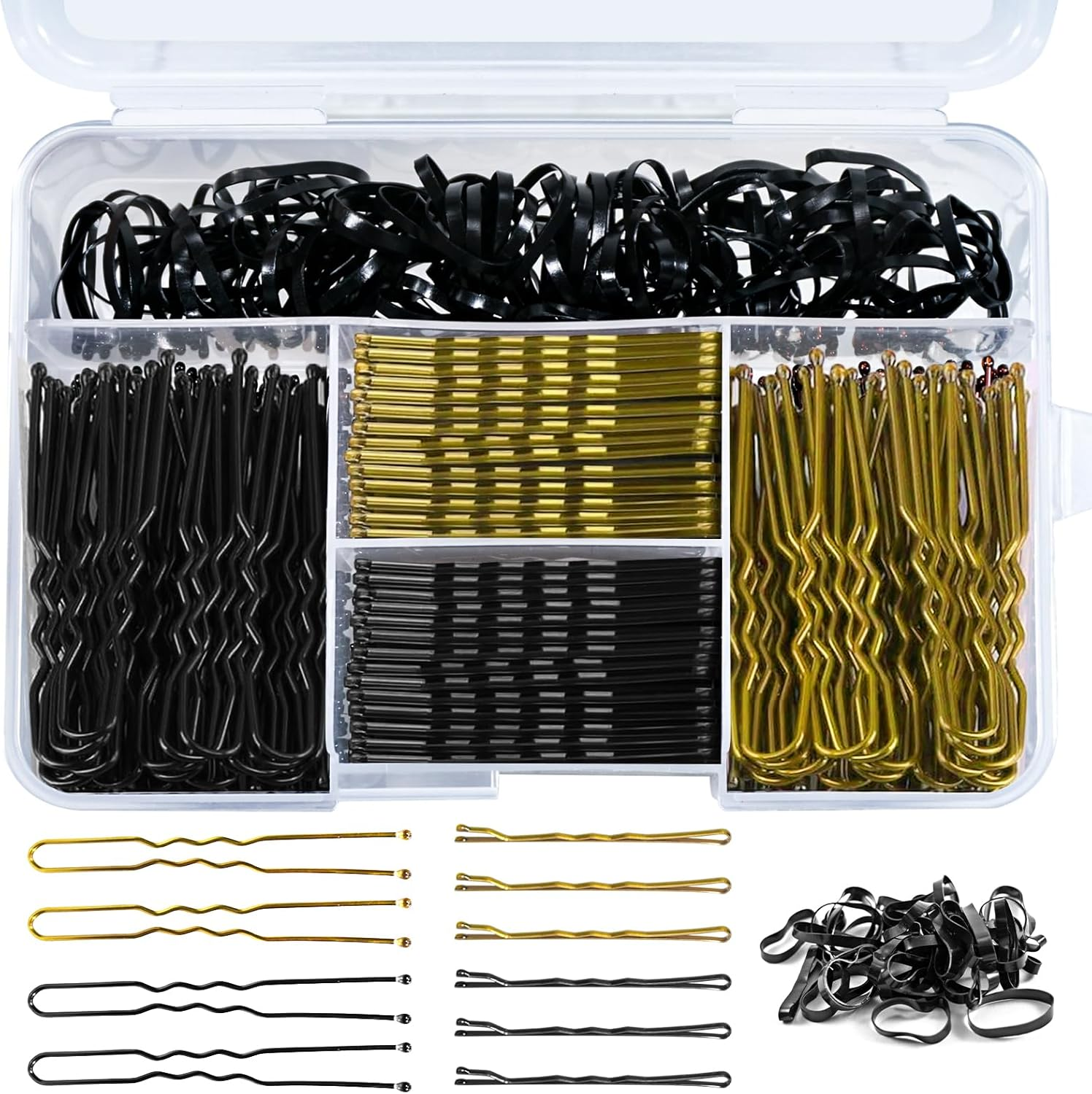 Axinost Pack of 300 Hair Pins, Metal Wavy Shape Hair Clips, Bobby Pins, U Hair Clips, Hair Ties with Storage Box for Children, Girls, Hairdressing Salon (Black and Gold) image number 2