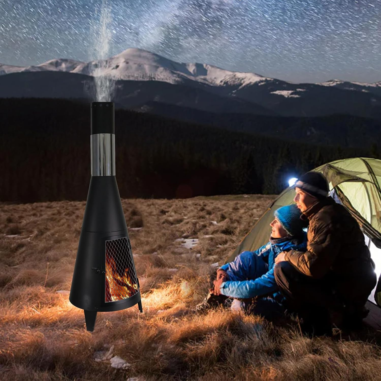 BDL Chiminea Outdoor Fireplace Outdoor Wood Burning Fire Pit Free Standing Fireplace with Log Grate, Mesh Screen for Patio, Backyard, Garden-Black image number 2