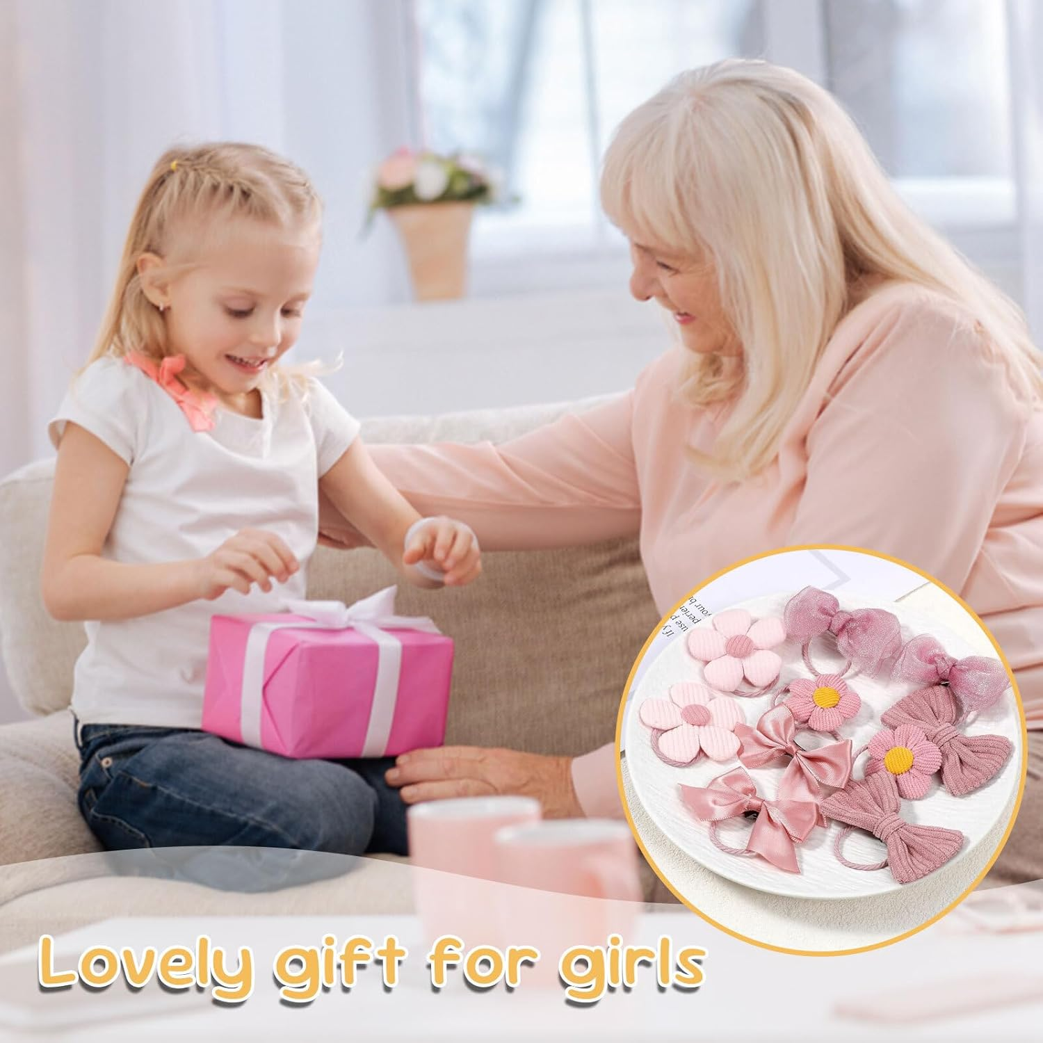 Azureray Pack of 10 Cute Hair Bobbles Girls Pink Bow Flower Design, Cute Baby Hair Scrunchies & Hair Accessories Children'S Set image number 3